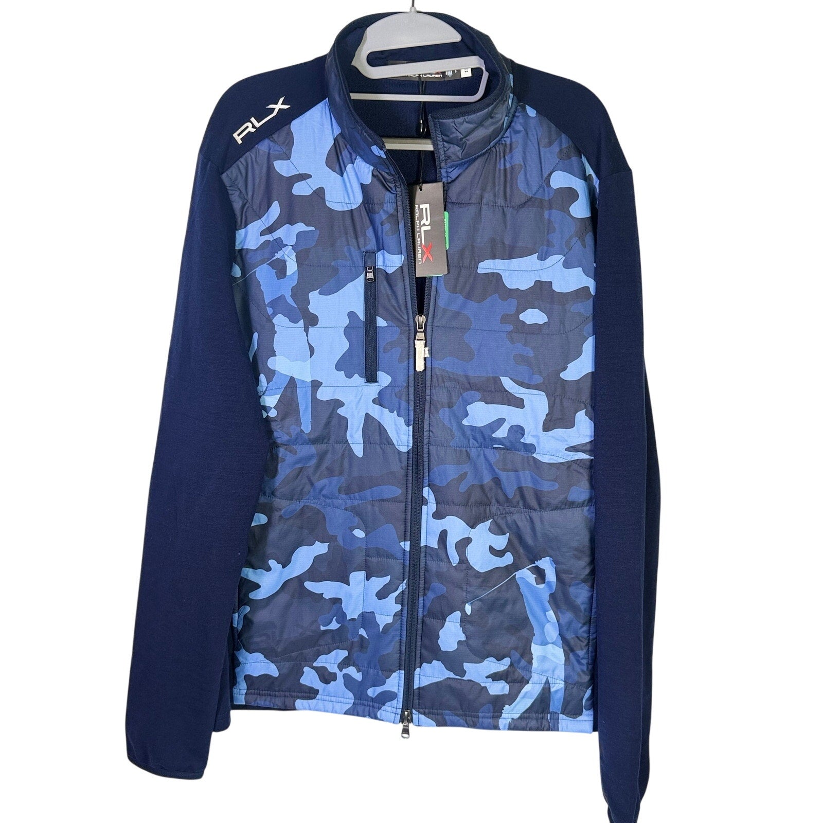 Navy blue Polo Ralph Lauren RLX men's hybrid camo jacket, size L, full zip, lightweight casual outerwear.