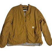 Brown Carhartt Rain Defender loose fit quilted sherpa-lined women's jacket, size L, showing front view with quilted interior.