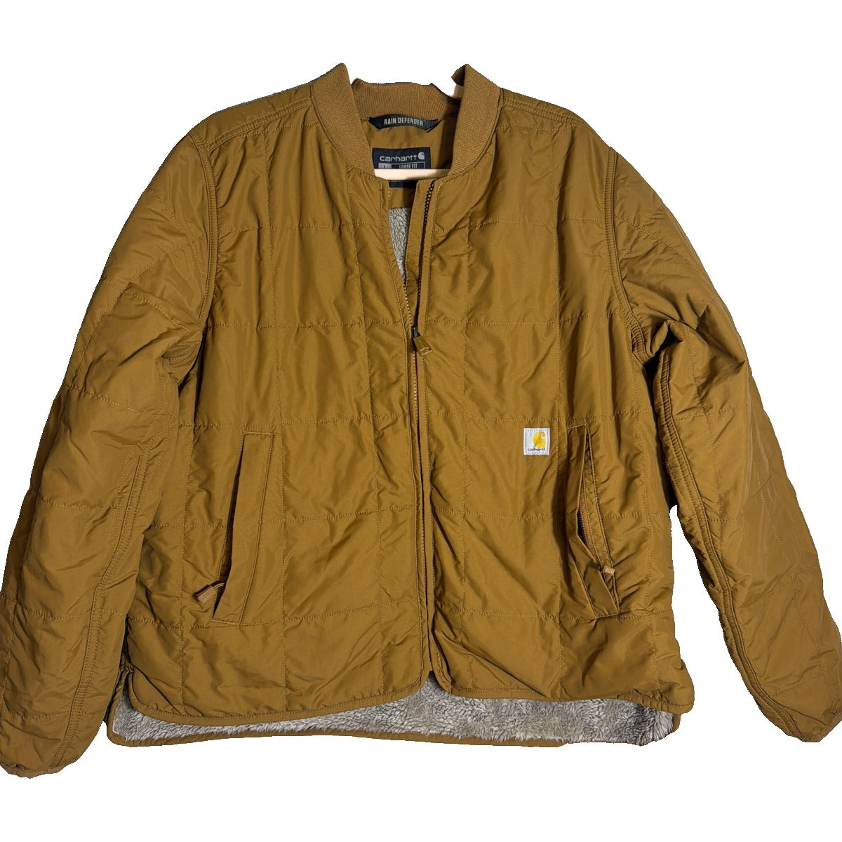 Brown Carhartt Rain Defender loose fit quilted sherpa-lined women's jacket, size L, showing front view with quilted interior.