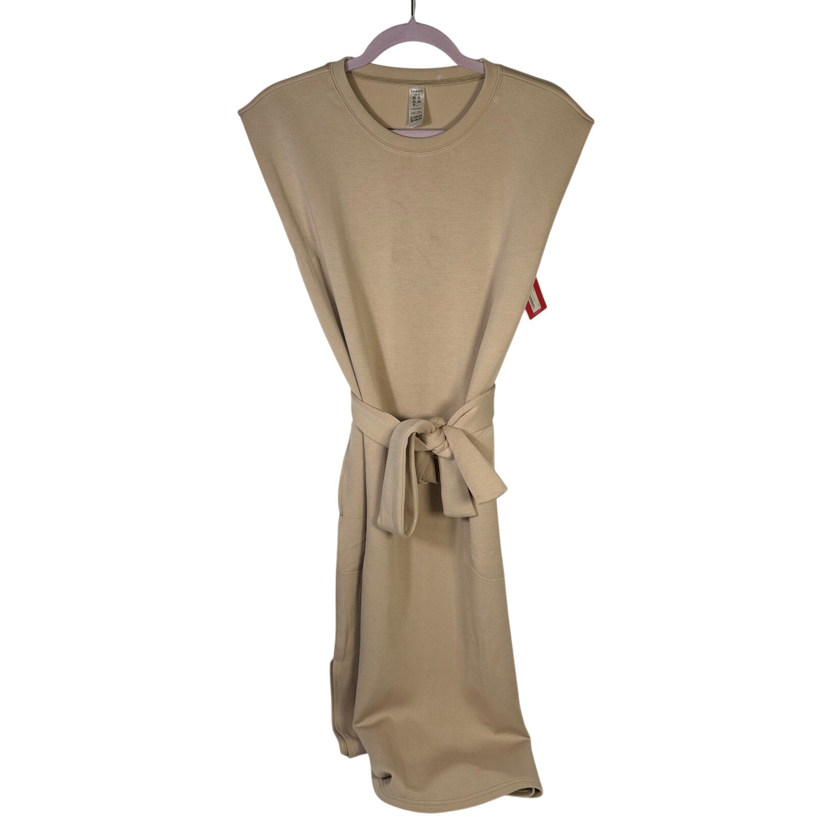 Spanx AirEssentials sleeveless tie-waist tank dress in Tahini, size large, featuring a casual fit and lightweight fabric.