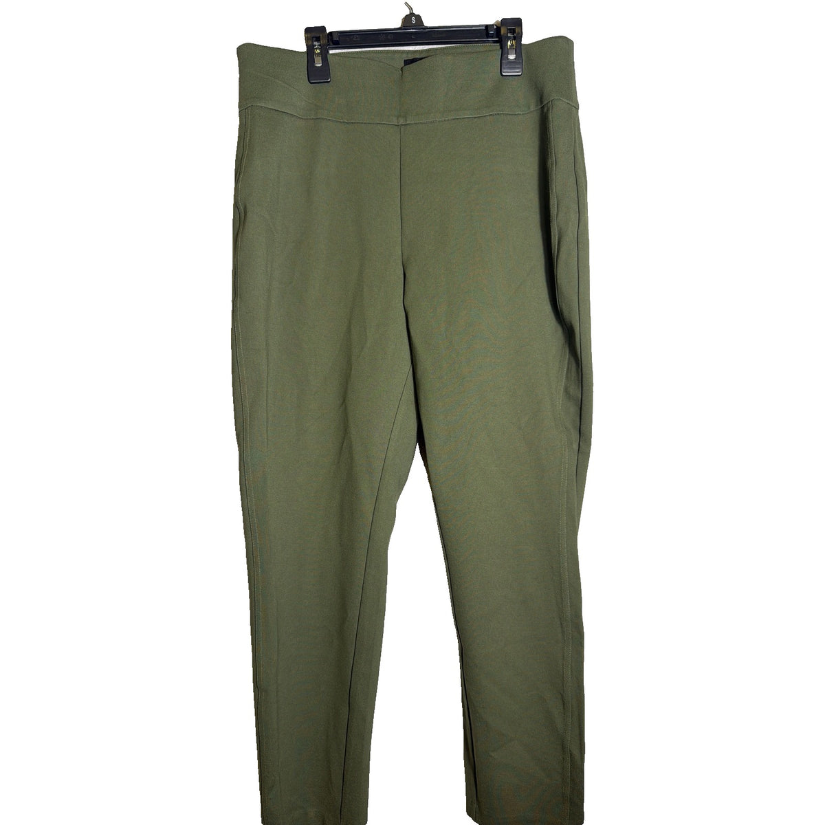 Women’s olive green Express ponte pull-on ankle pants, size L, showing a close-up of the smooth, stretchy fabric and tailored fit.