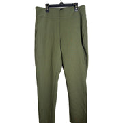 Women’s olive green Express ponte pull-on ankle pants, size L, showing a close-up of the smooth, stretchy fabric and tailored fit.
