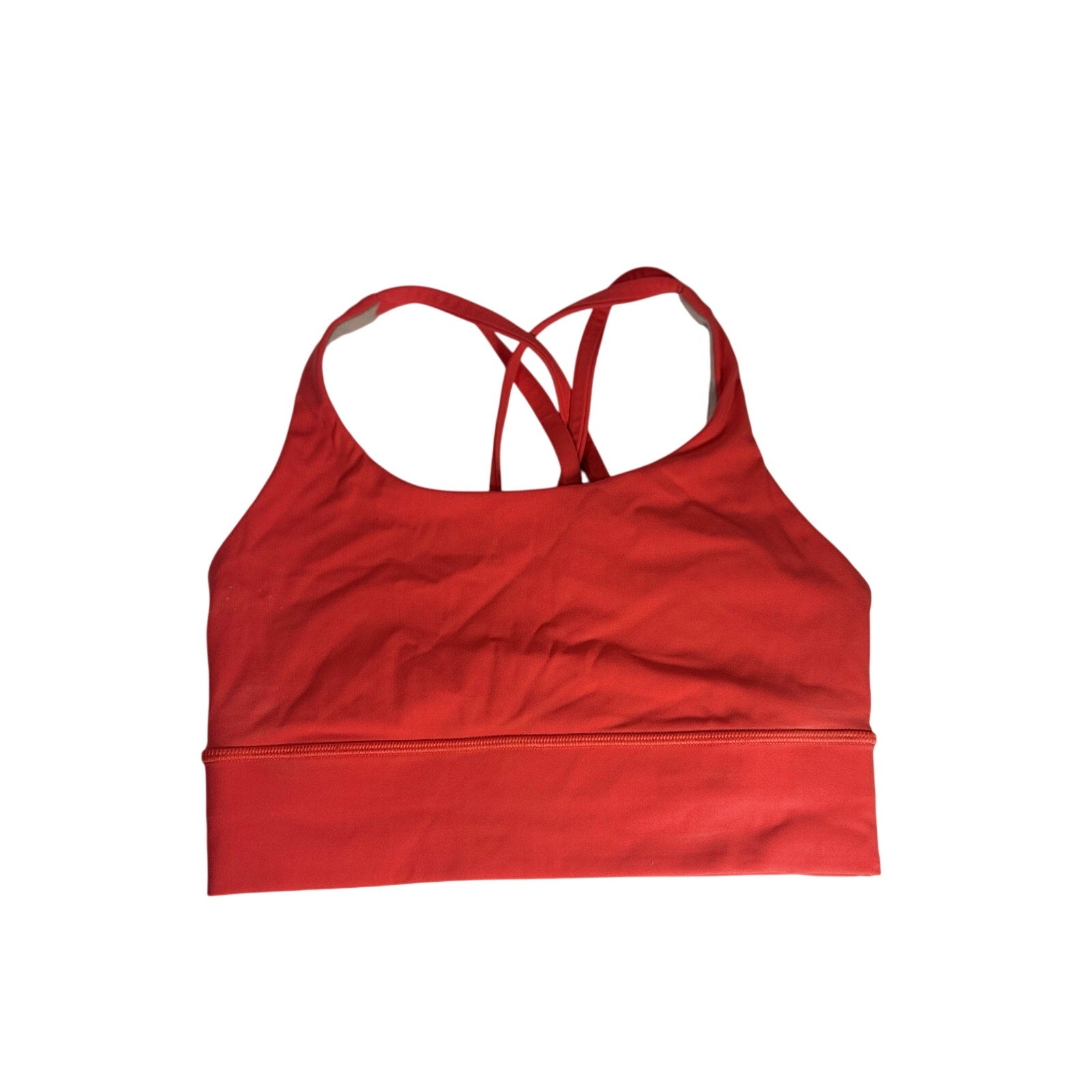 Lululemon women's coral red strappy longline sports bra with supportive design, size 4, featuring stylish straps and breathable fabric.