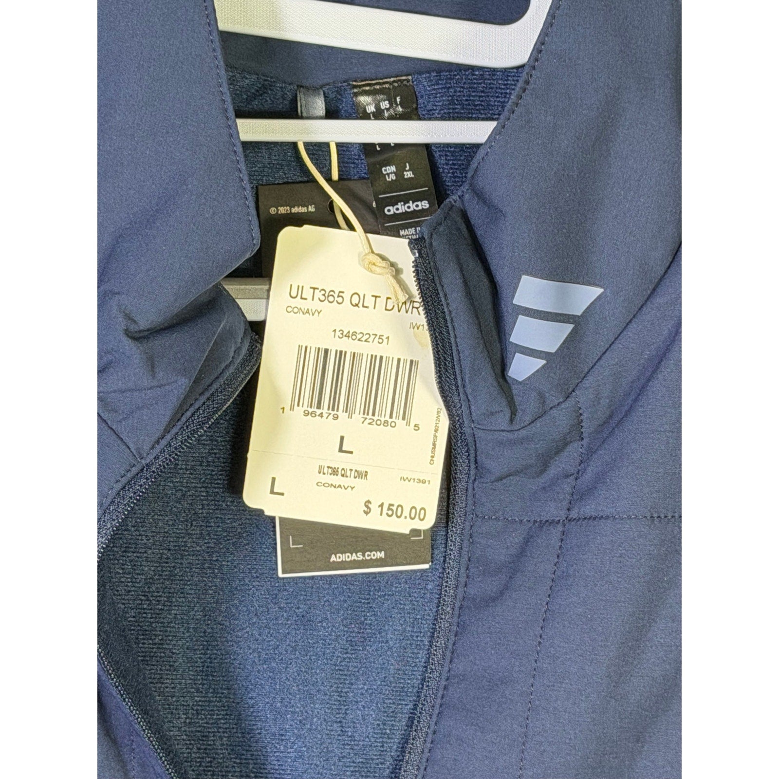 Adidas Ultimate365 Quilted DWR men's navy blue golf jacket, size L, with quilted design and water-resistant fabric.