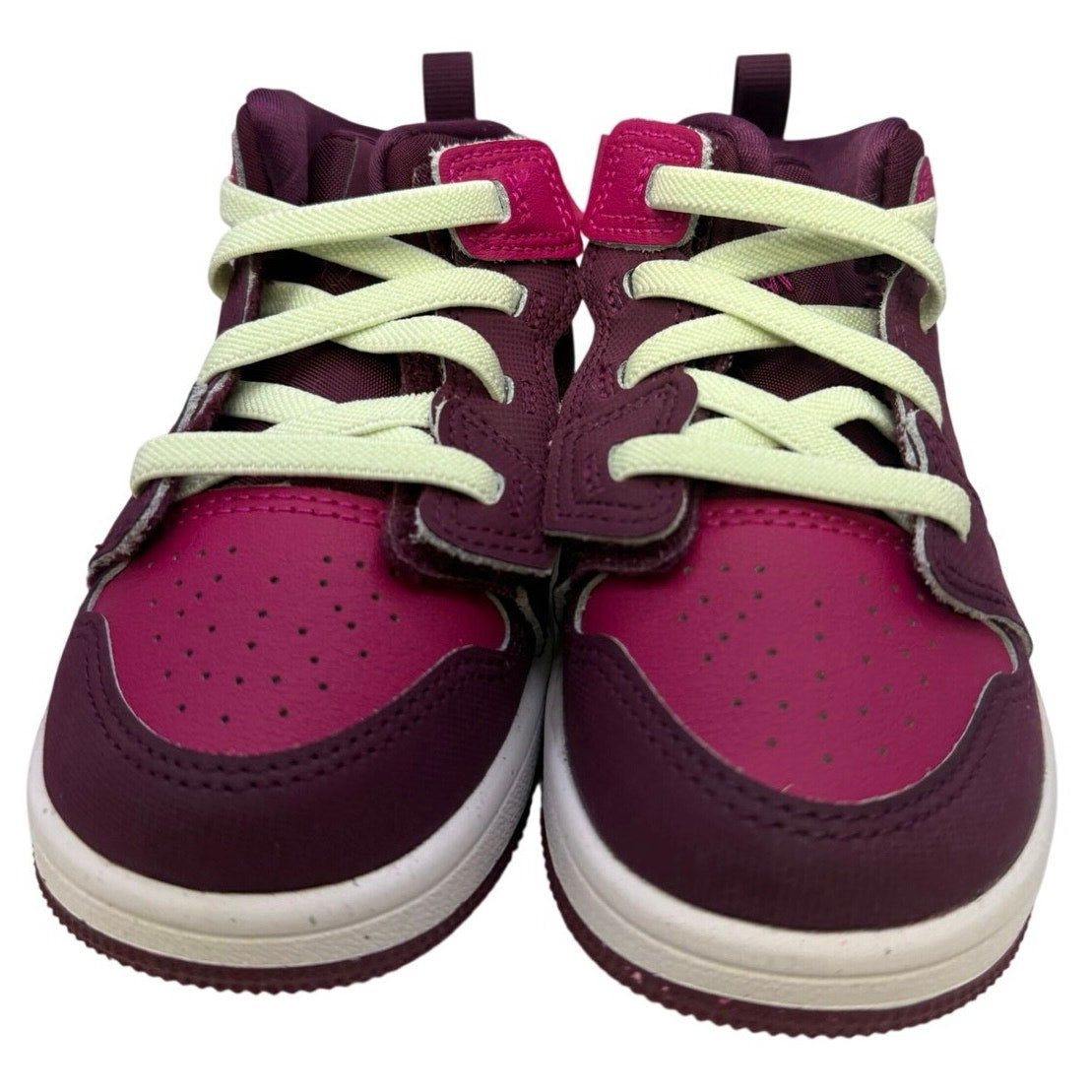 Air Jordan Jordan 1 Mid RM EasyOn toddler sneakers in Bordeaux, pink, and white with toddler size 7C, featuring sporty design.