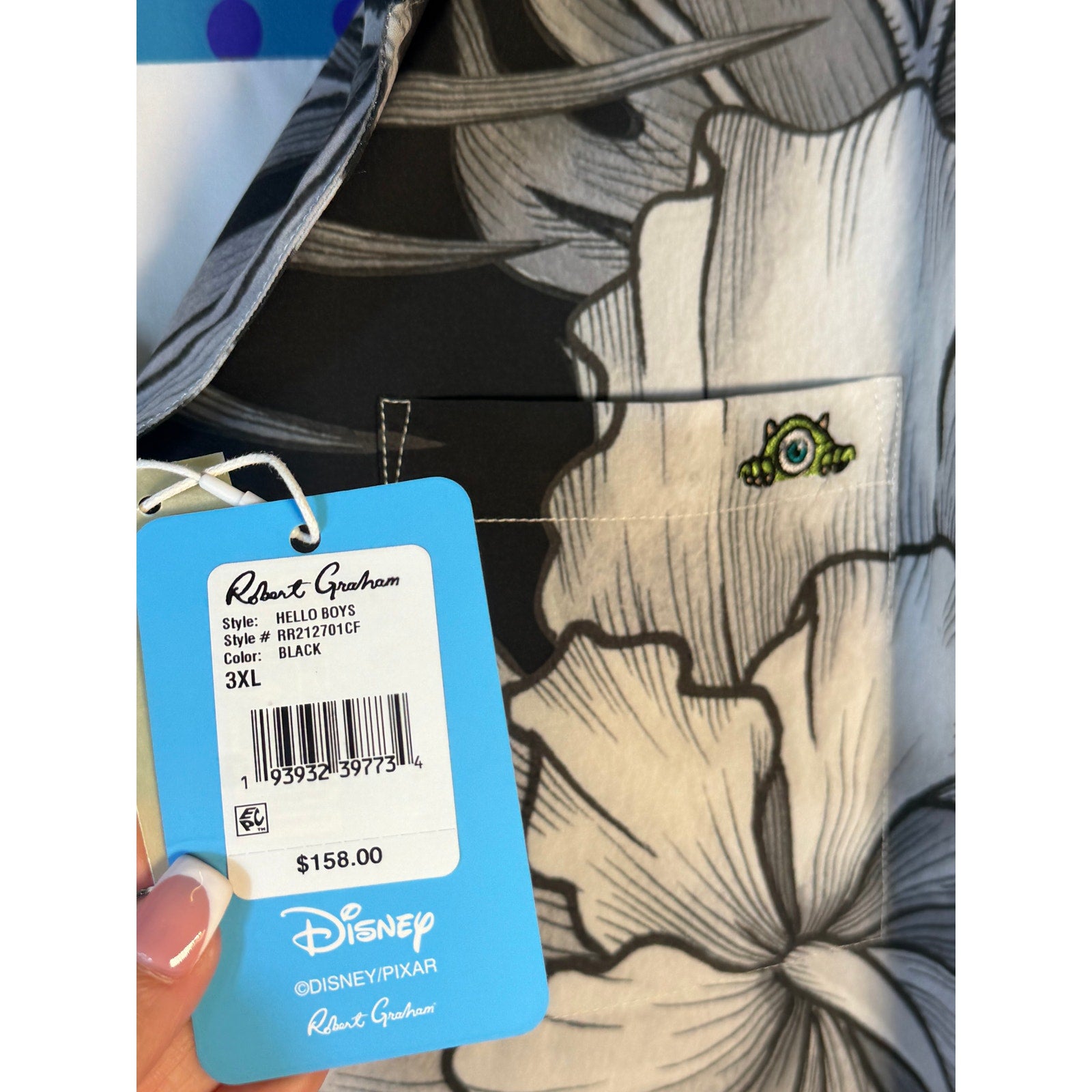 Robert Graham x Disney Pixar Hello Boys Hawaiian shirt in black with colorful floral print, 3XL casual shirt, new with tags.