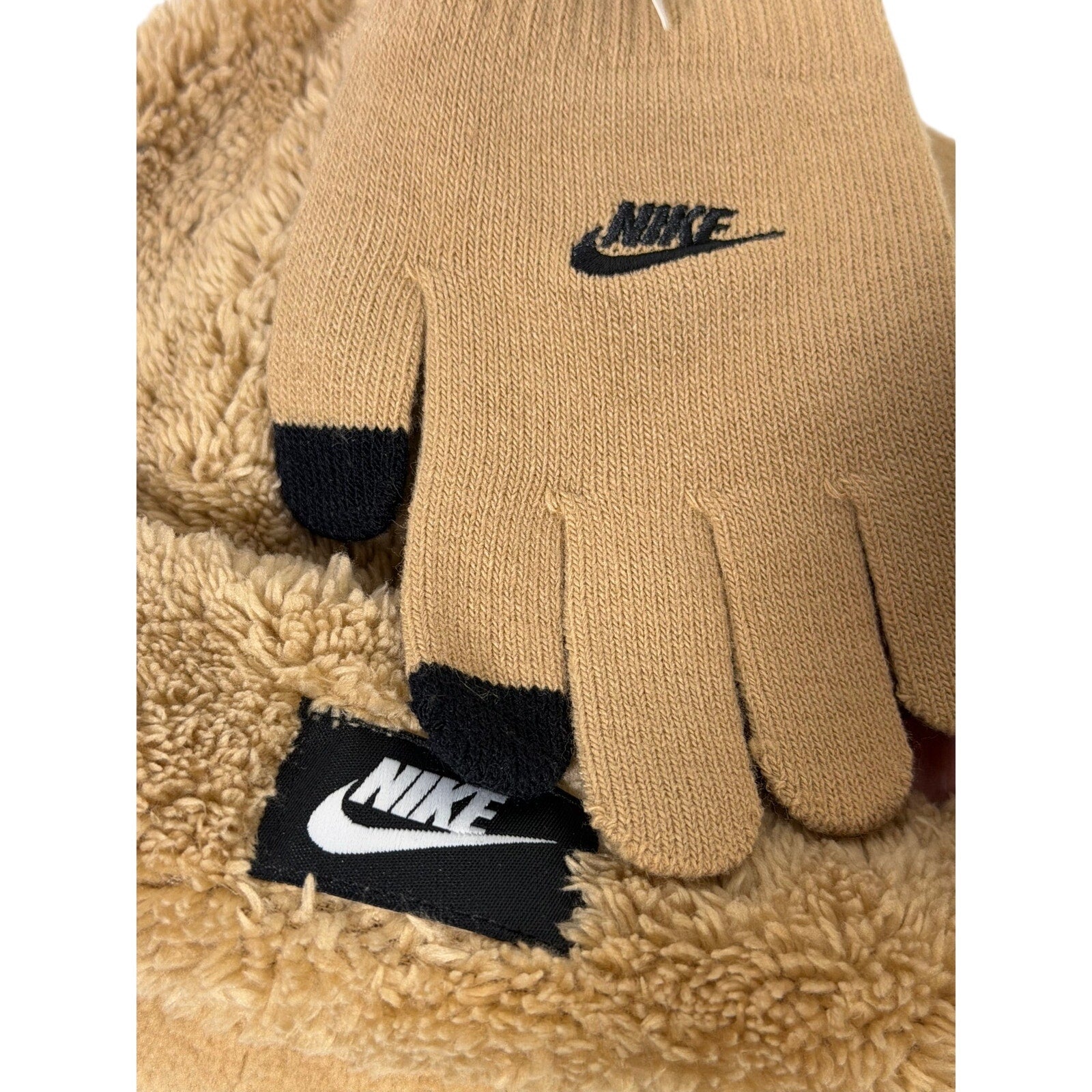Nike tan sherpa neck warmer and touchscreen gloves 2-piece set, soft hat and warm accessories for cold weather.