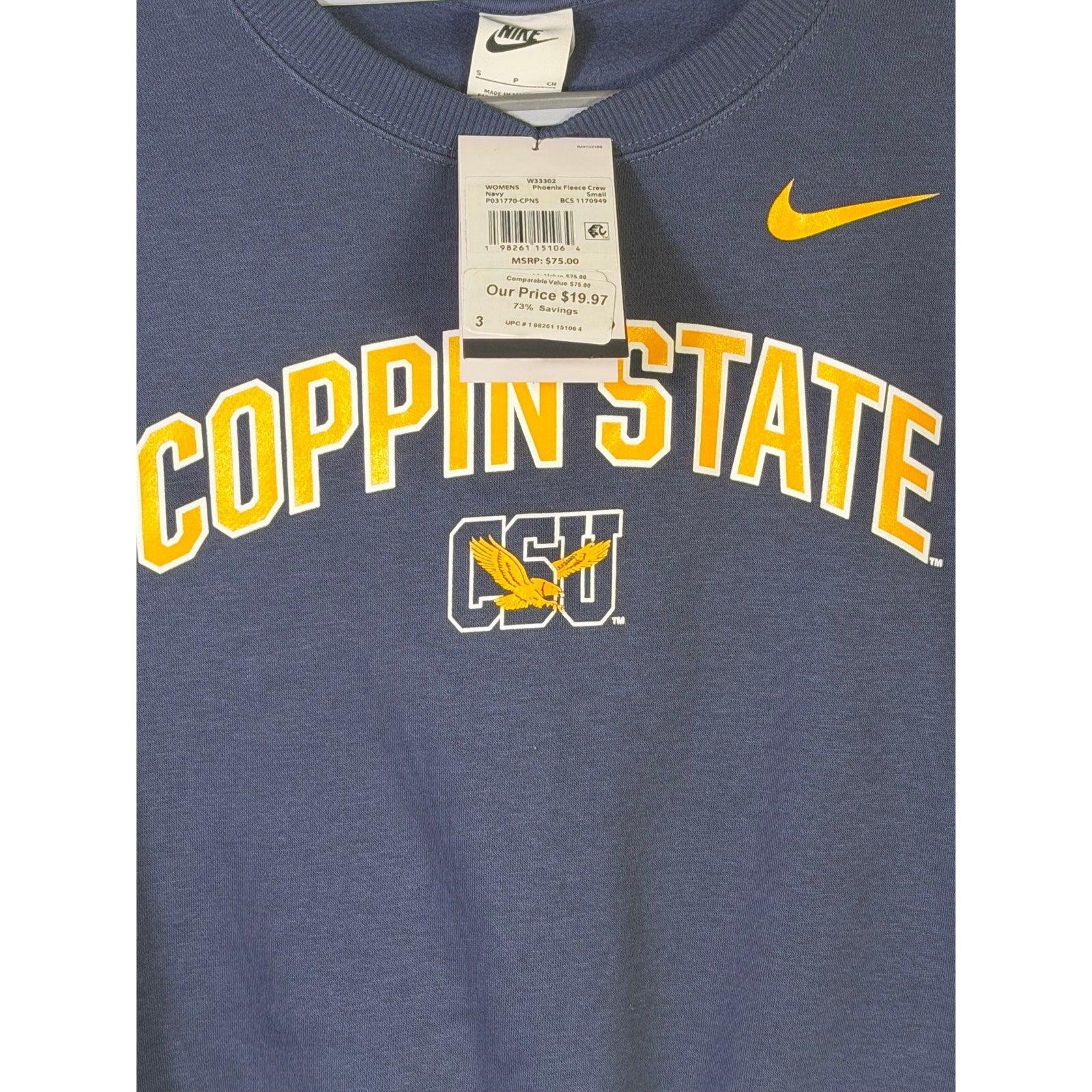 Nike Women’s Coppin State Eagles navy fleece crewneck sweatshirt, size small, with team logo and cozy fabric visible.