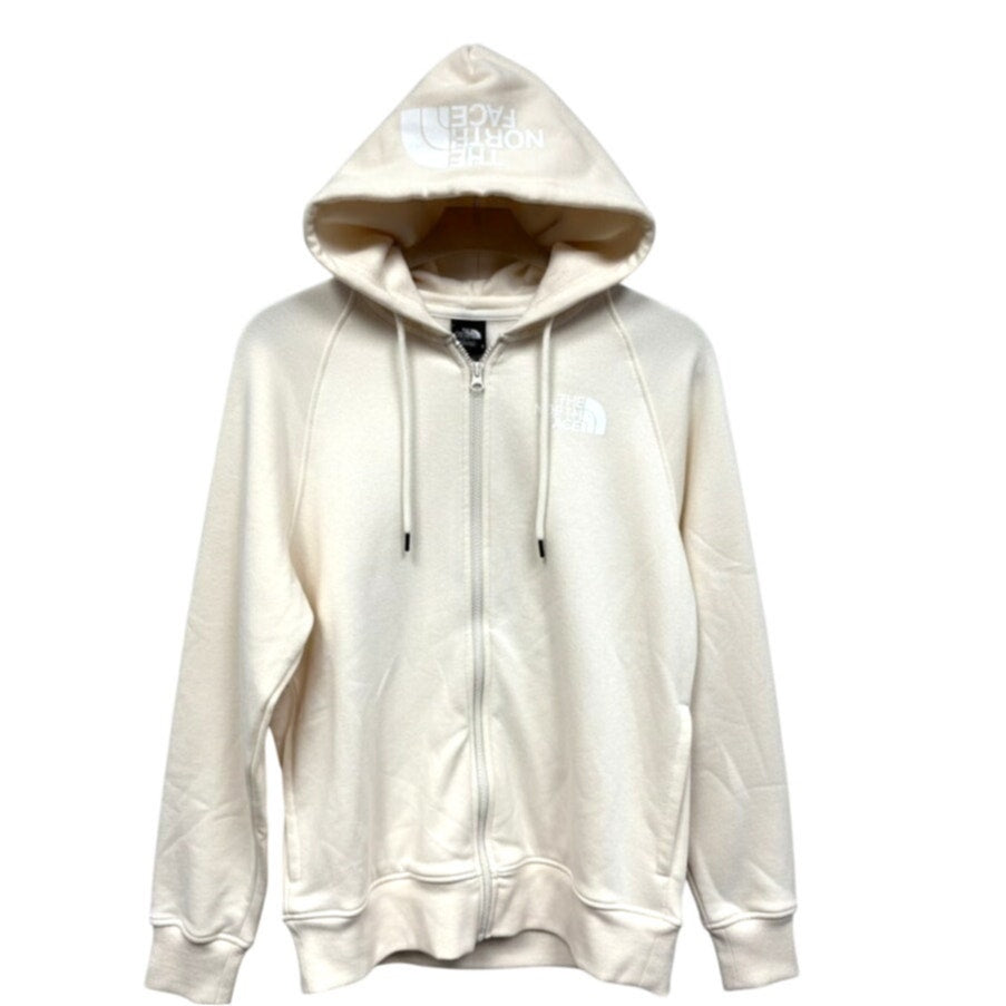 The North Face women's full-zip hoodie in Gardenia White, showing front view with hood and zip closure.