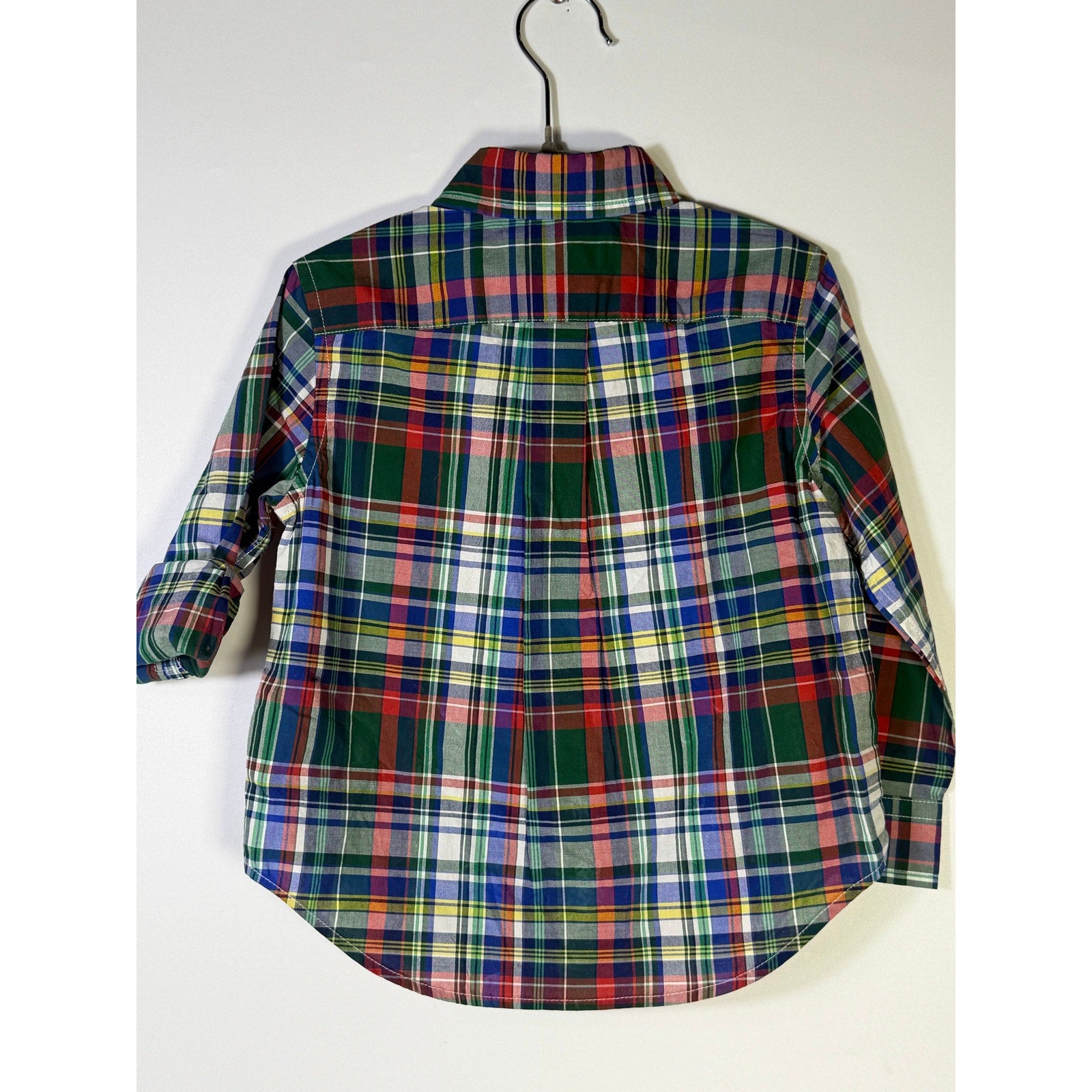 Ralph Lauren boys plaid shirt and khaki chino shorts outfit set in size 2T, featuring a classic button-up shirt and casual shorts.