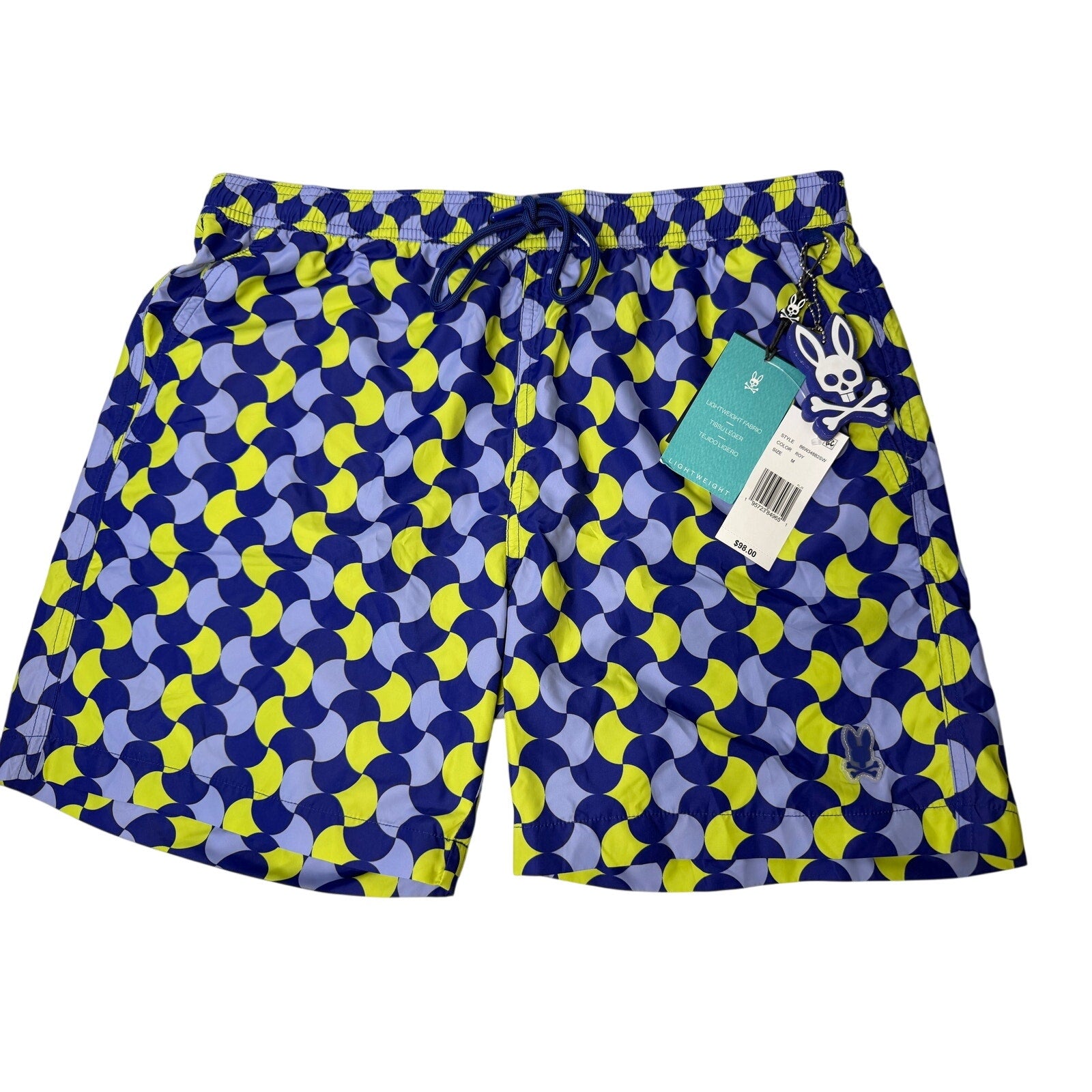 Psycho Bunny Men's Swim Trunks Blue Yellow Geometric Print Size M NWT