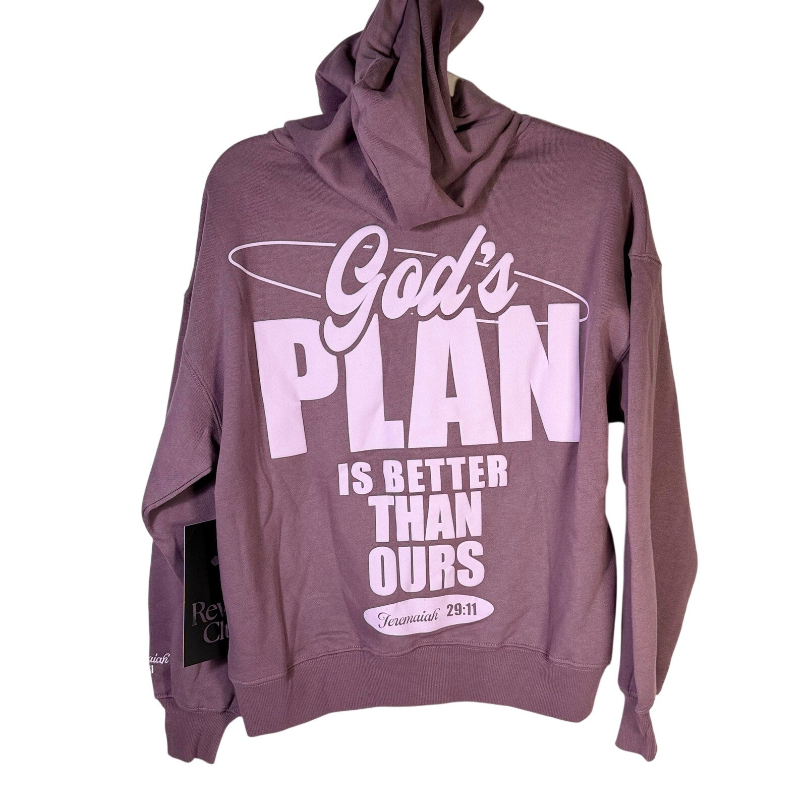 Revival Club women's mauve purple hoodie with God's Plan Jeremiah 29:11 text, casual sweatshirt, front view.