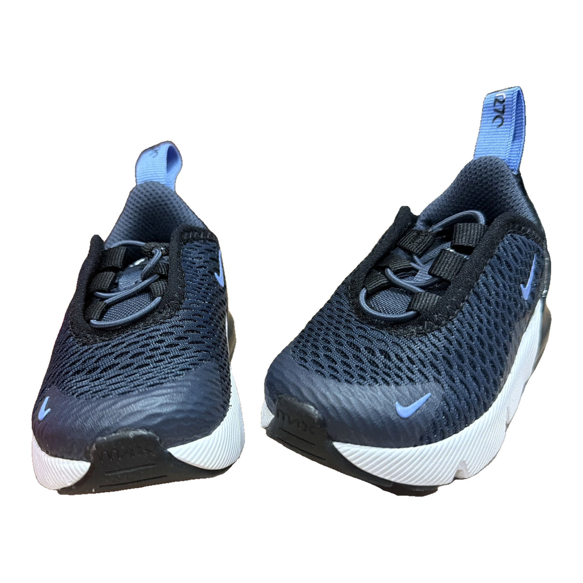 Nike Air Max 270 toddler sneakers in navy, blue, and white with visible Nike logo and design details, size 4C.