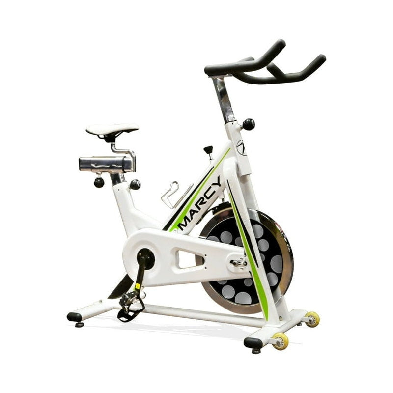 Marcy Club Deluxe Revolution Cycle indoor exercise bike with adjustable seat and handlebars, digital display, and sturdy frame.