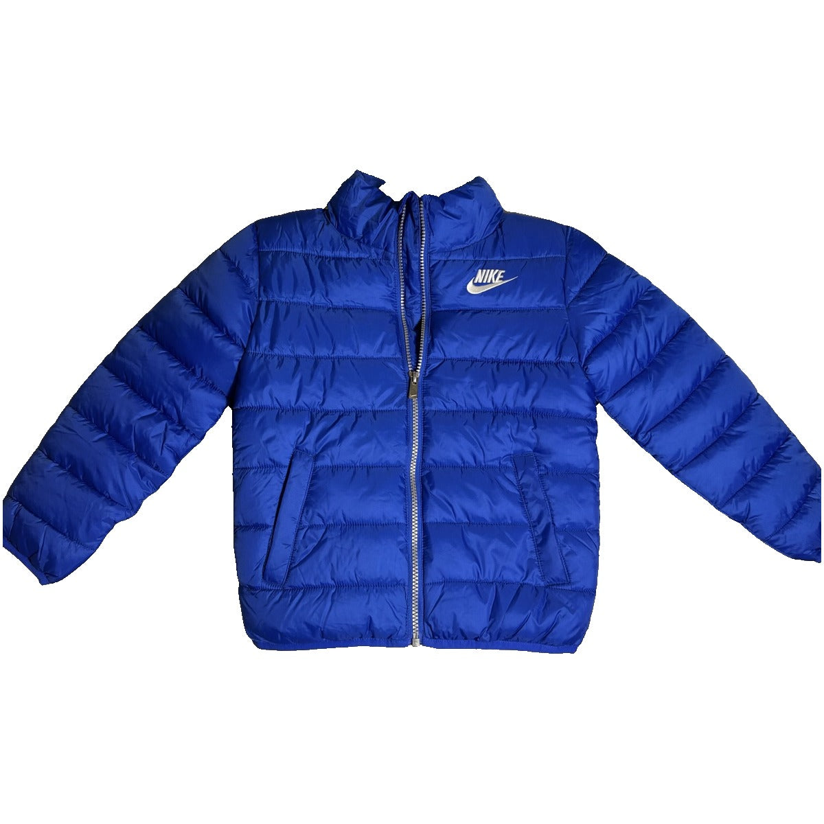 Nike little boys' royal blue puffer jacket, size 6, full zip, Nike swoosh logo, lightweight winter jacket.