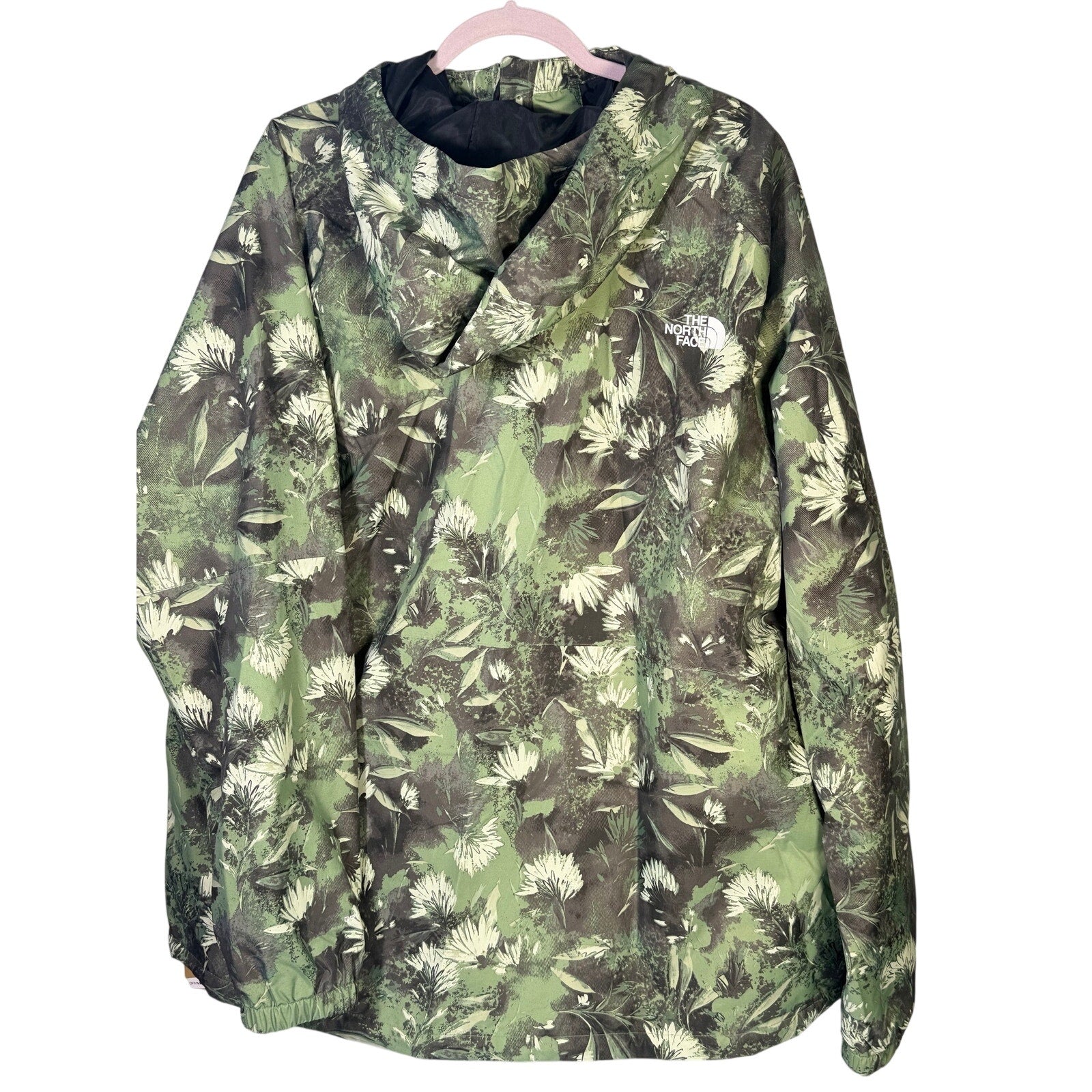 The North Face men's Antora rain hoodie in XXL, duck green prairie print, showing the waterproof jacket with hood and brand logo.