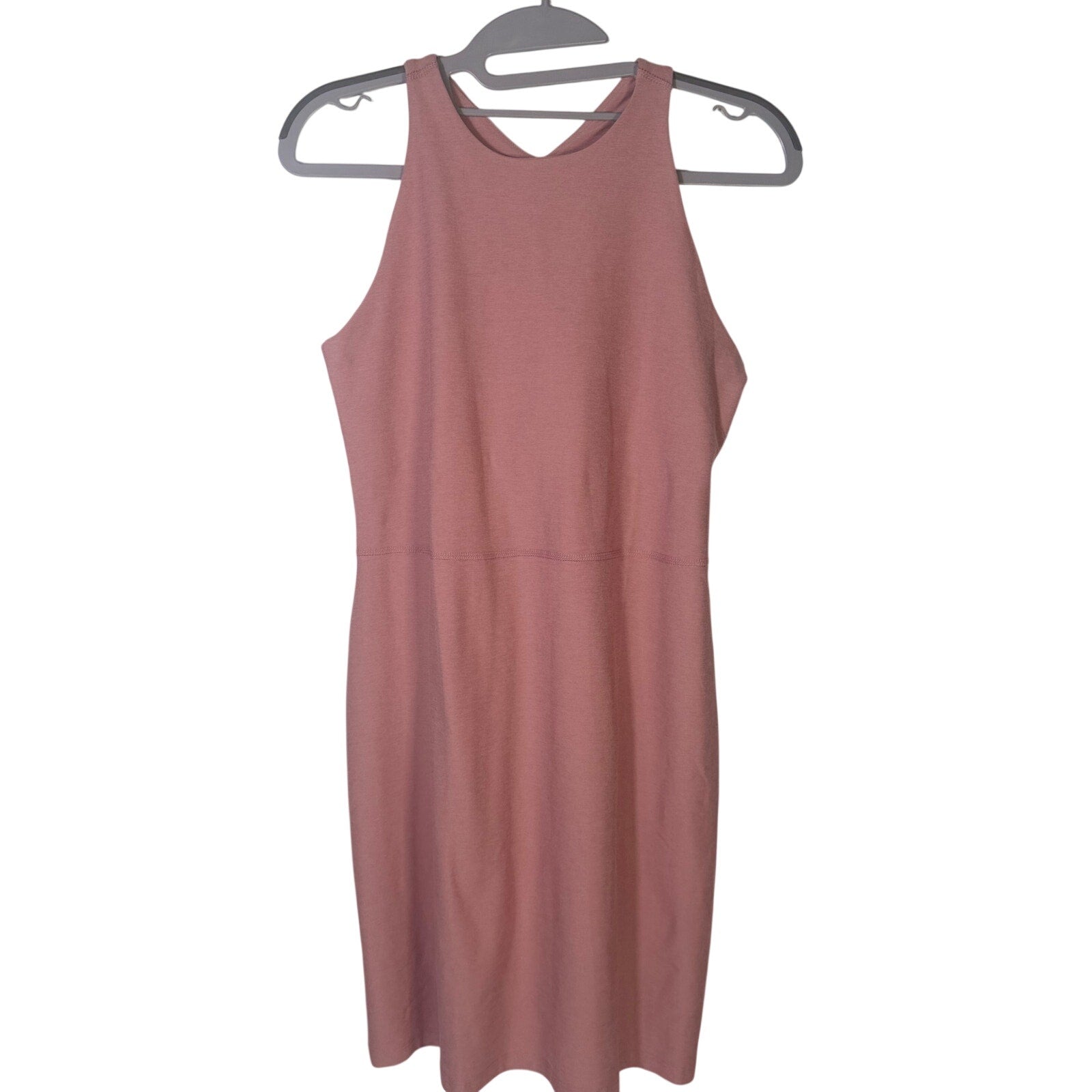 Beyond Yoga women's dusty rose racerback midi tank dress, size M, shown flat on a white background.