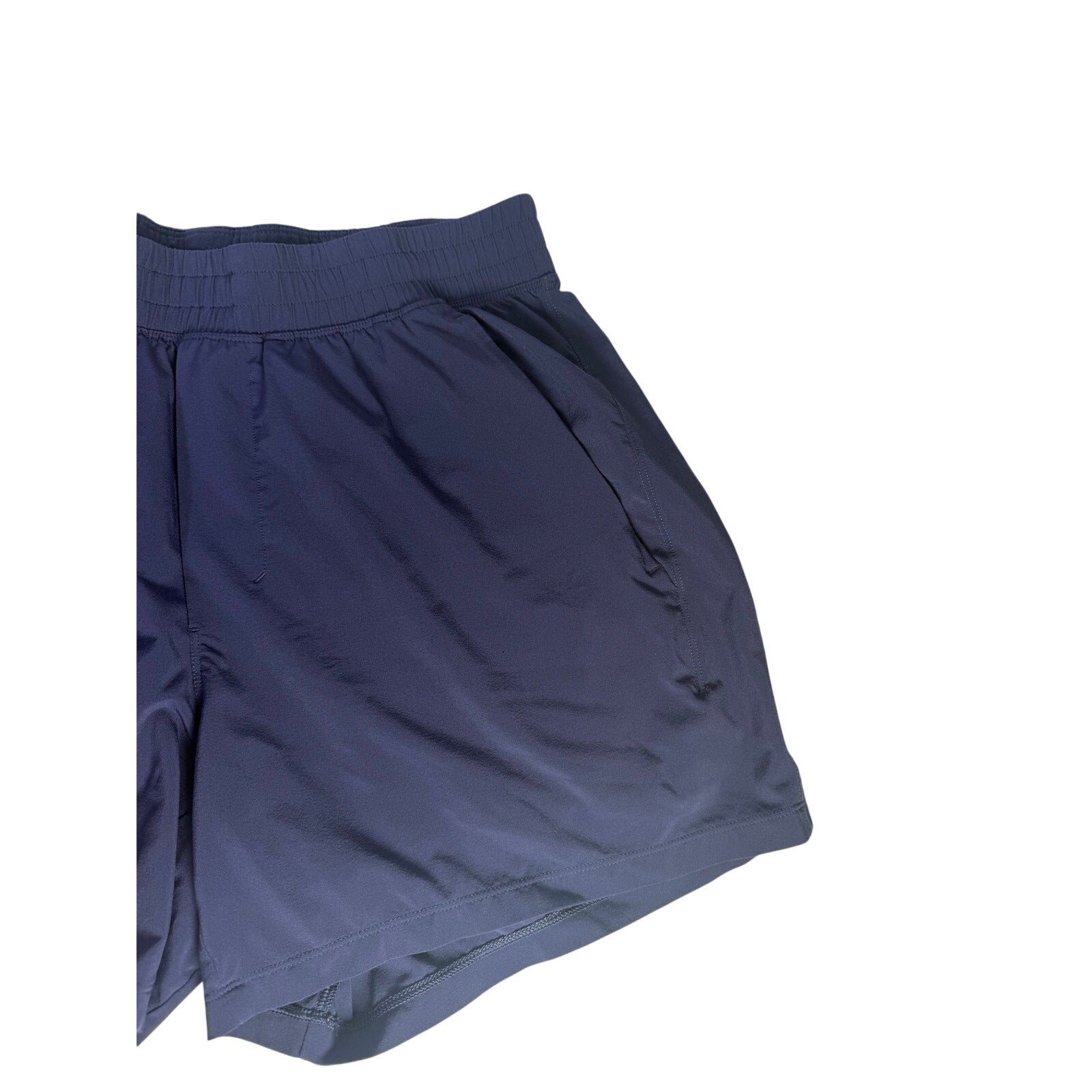 Lululemon men's navy blue athletic running shorts with elastic waistband, size M, designed for active sports and running.