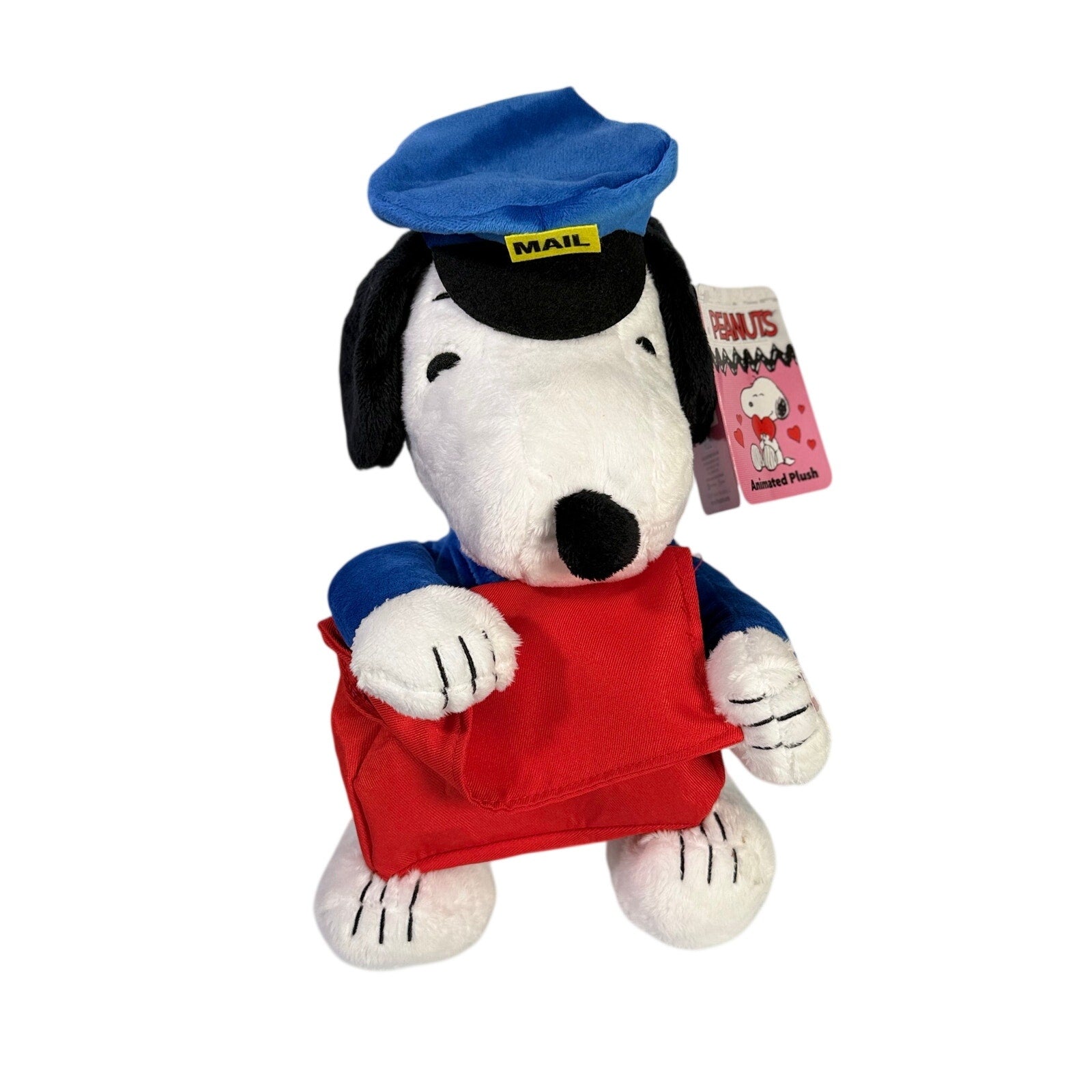 Peanuts Snoopy plush toy as a mail carrier, animated stuffed animal with Valentine’s Day theme, soft and detailed toy for kids.
