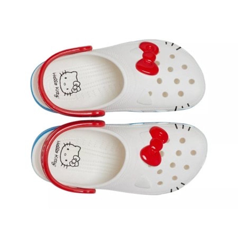 Crocs x Hello Kitty Classic Clog sandals with 50th Anniversary design, women's size 9, men's size 7, featuring colorful Hello Kitty graphics.