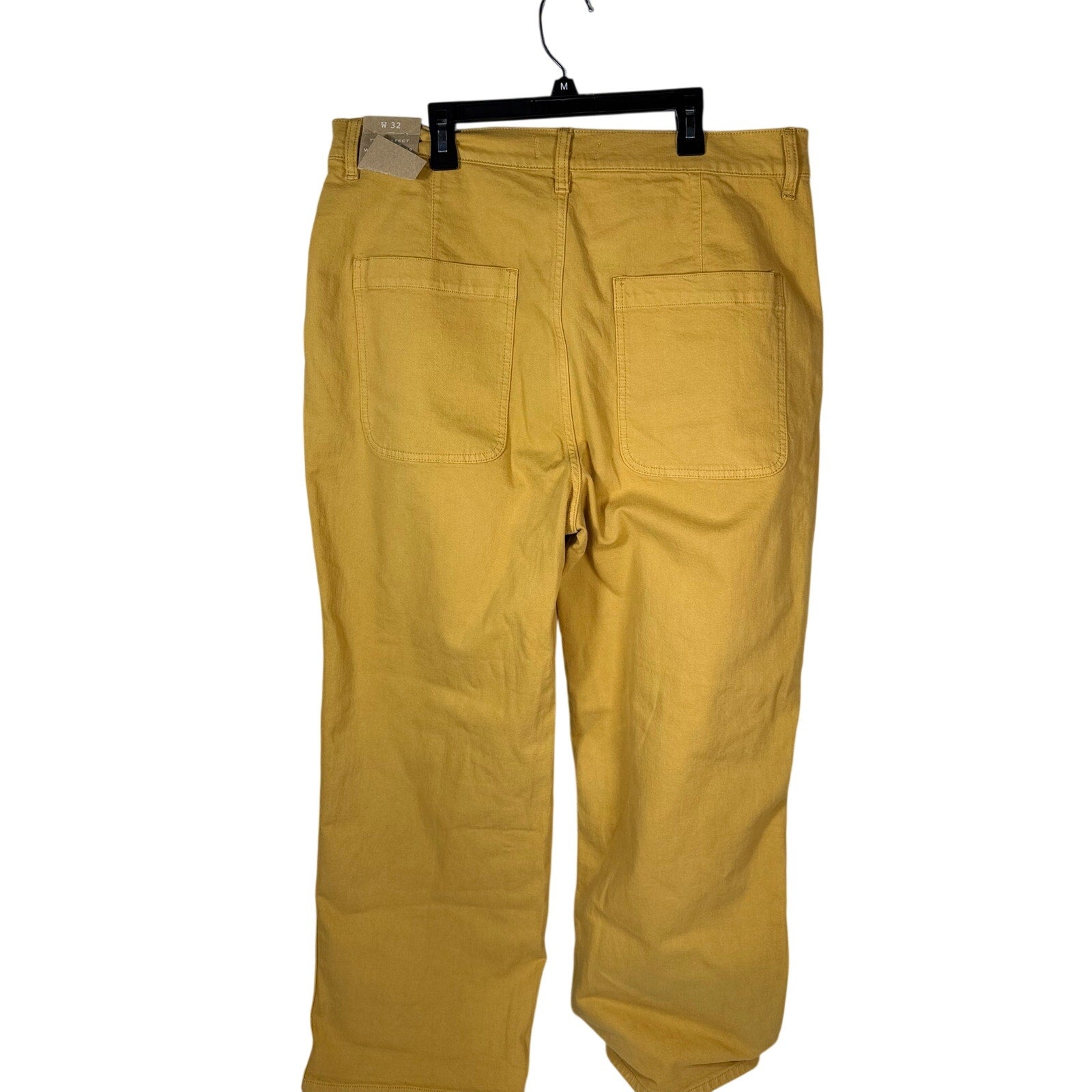 Madewell mustard yellow vintage wide-leg crop pants, size 32, shown flat with high waist and relaxed fit.