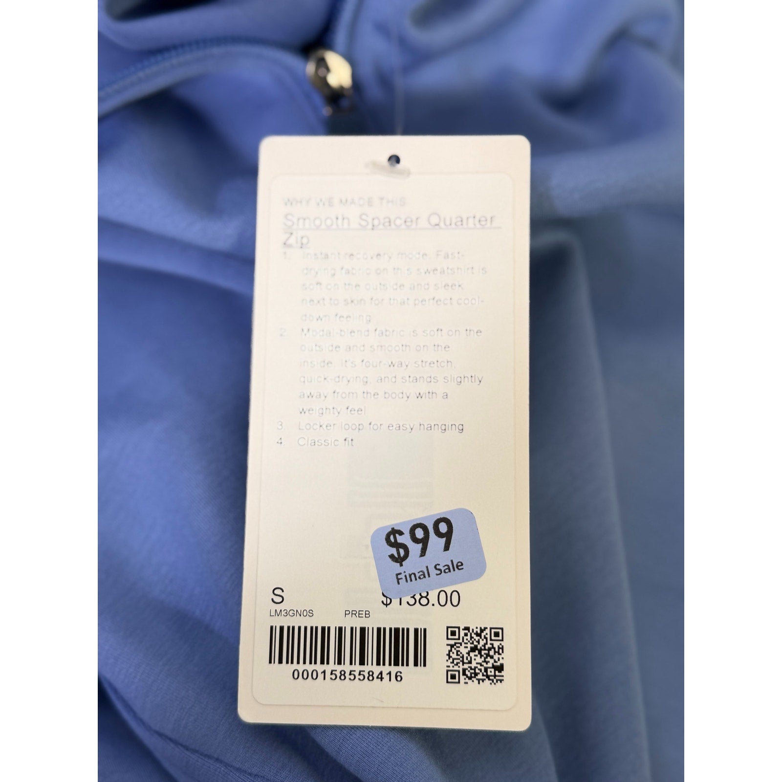 Men's Lululemon Smooth Spacer Quarter Zip sweatshirt in blue, small size, showcasing the lightweight fabric and quarter zip design.