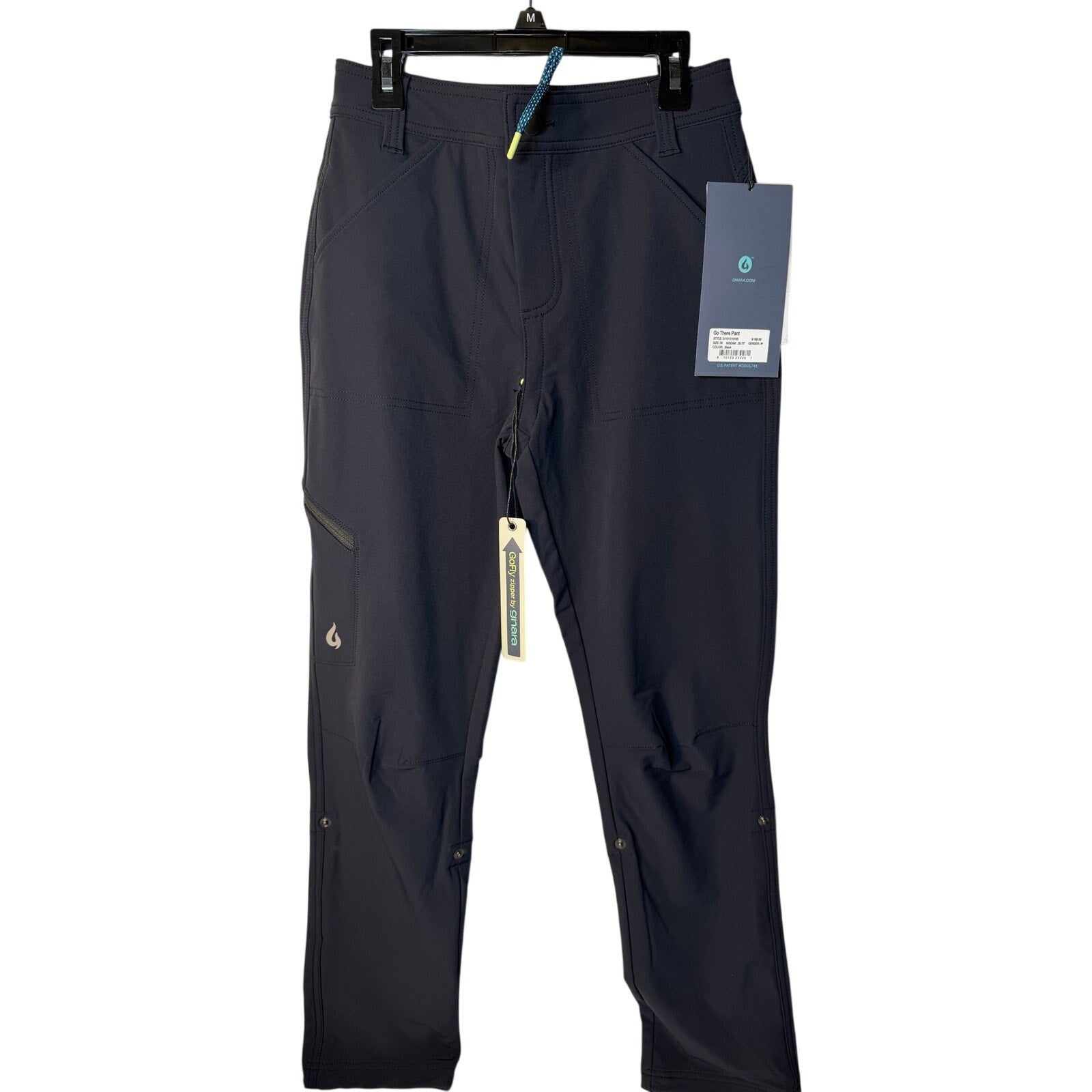 Black Gnara Go There Pants for women, size 00, featuring GoFly® zipper detail, laid flat showing waistband and zipper accents.