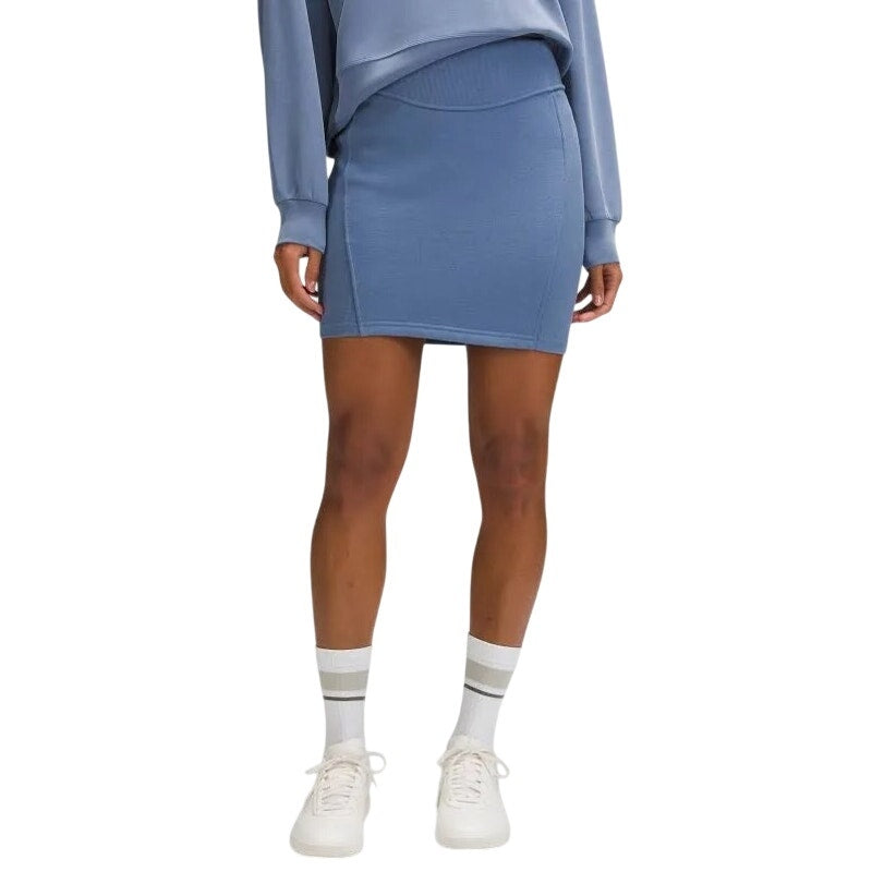 Lululemon women's Softstreme high-rise mini skirt in blue, designed for athletic and casual wear, with a comfortable fit.