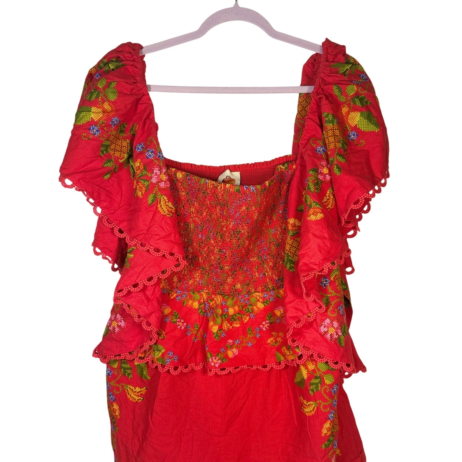 Red floral embroidered FARM Rio women's romper with flutter sleeves, size XL, casual summer outfit set.