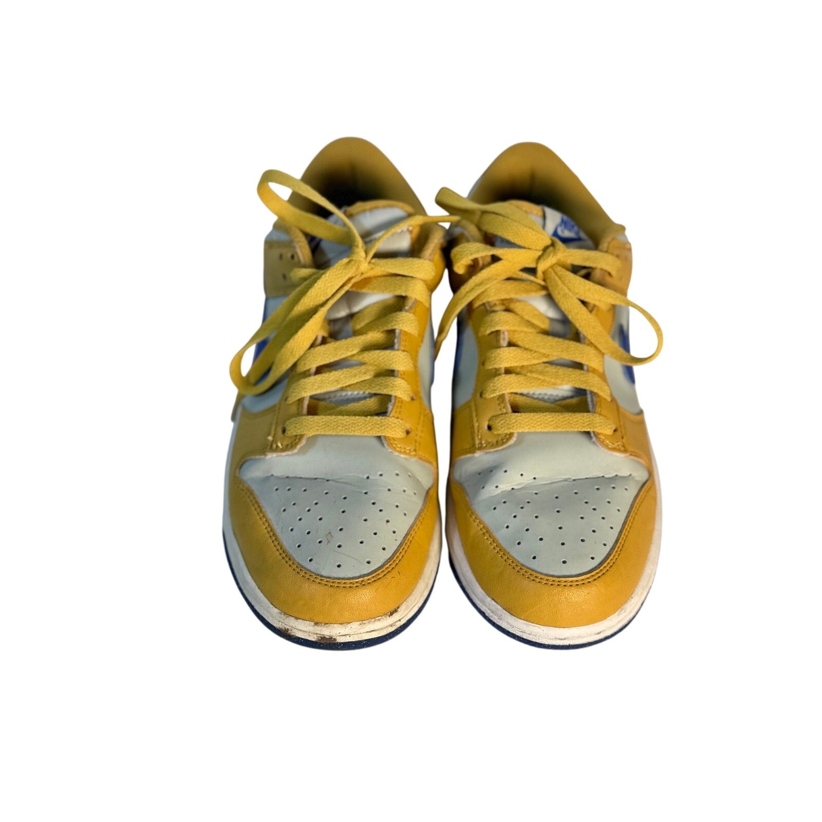 Nike Dunk Low GS sneakers in white leather with gold and royal blue accents, youth size US 6Y, featuring Nike branding.