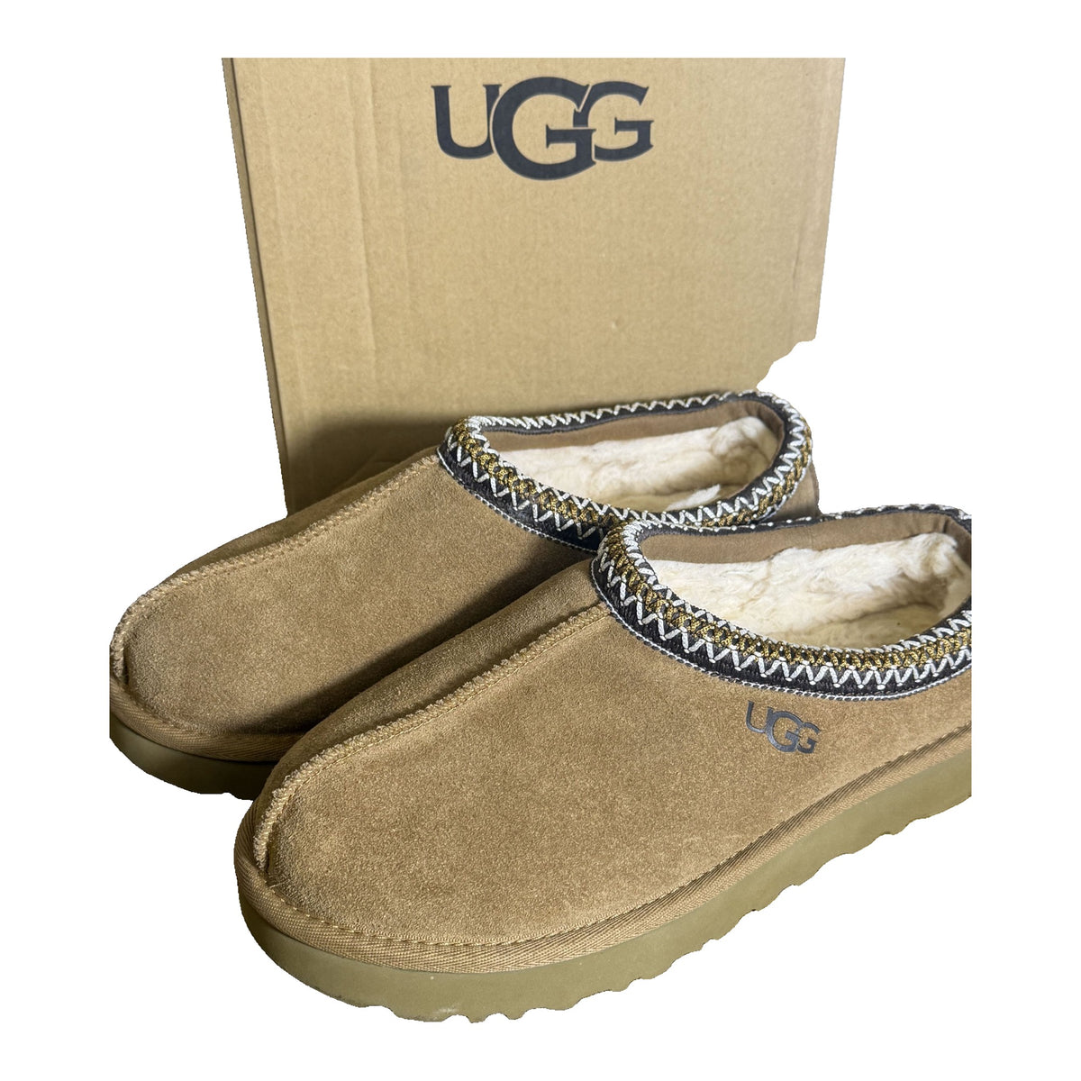 UGG Tasman slippers for women in chestnut, size 9, showing cozy suede exterior and plush interior in new condition.