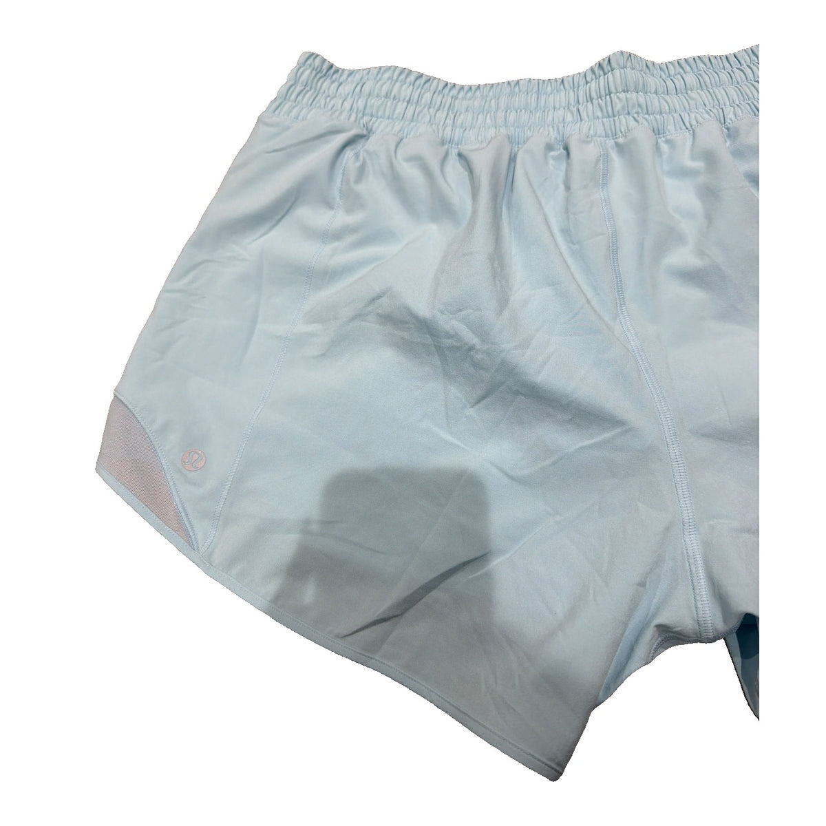Lululemon Hotty Hot HR 4-inch lined women's shorts in foam blue, high-rise, size 14, displayed on a model.