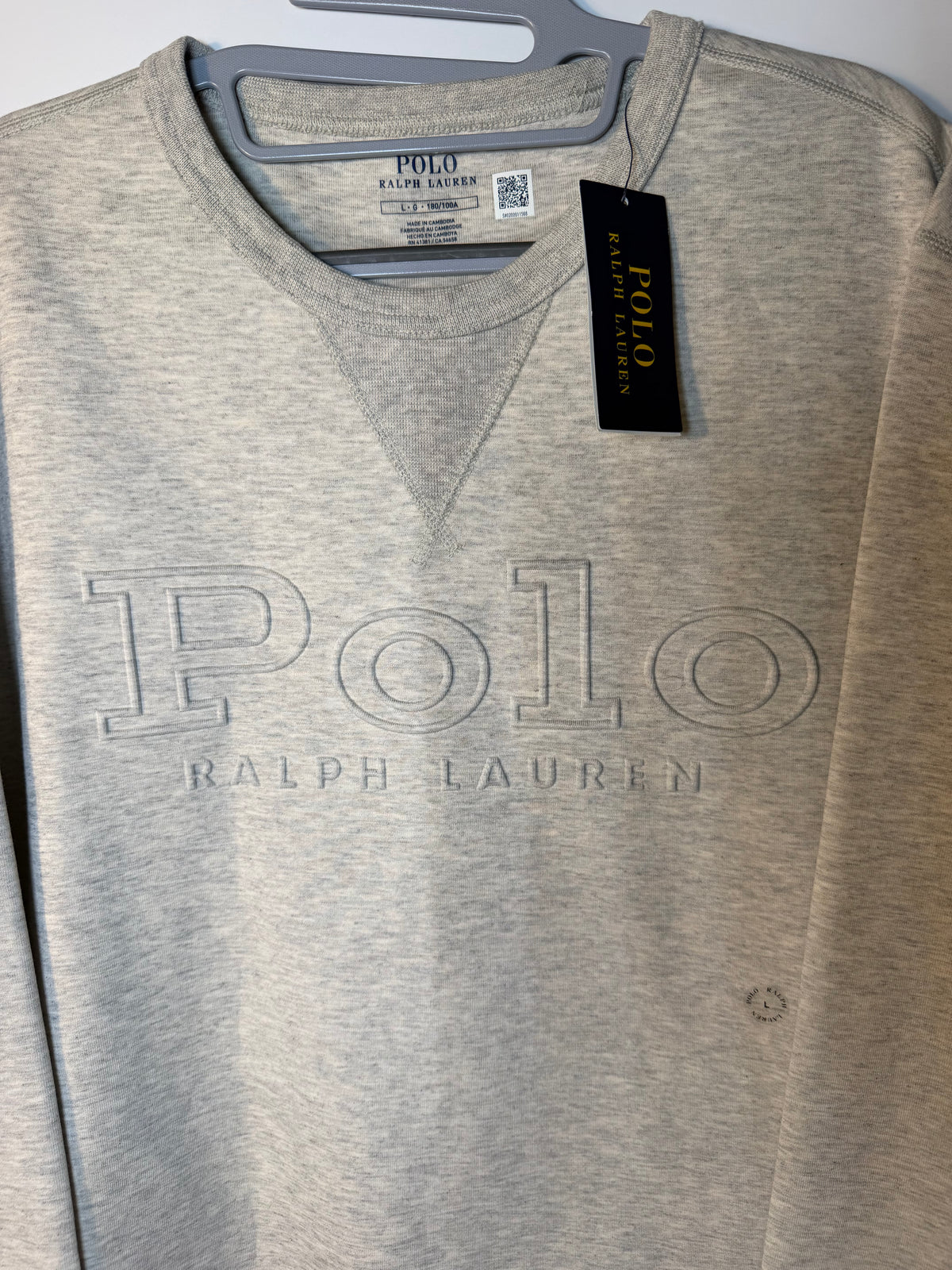 Gray Polo Ralph Lauren logo sweatshirt for men, large size, crewneck style, casual clothing with signature polo emblem.