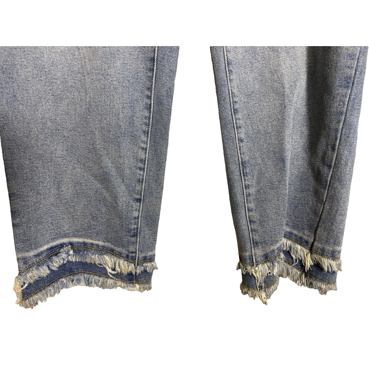 John Mark women's boyfriend jeans in size 14W with distressed details, fray hem, light wash, showcasing a relaxed fit.