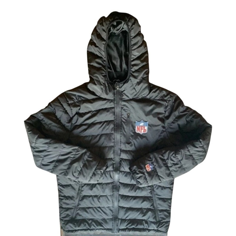 NFL Shield Black men's puffer jacket with full zip hood, retro logo, and quilted design in size small.