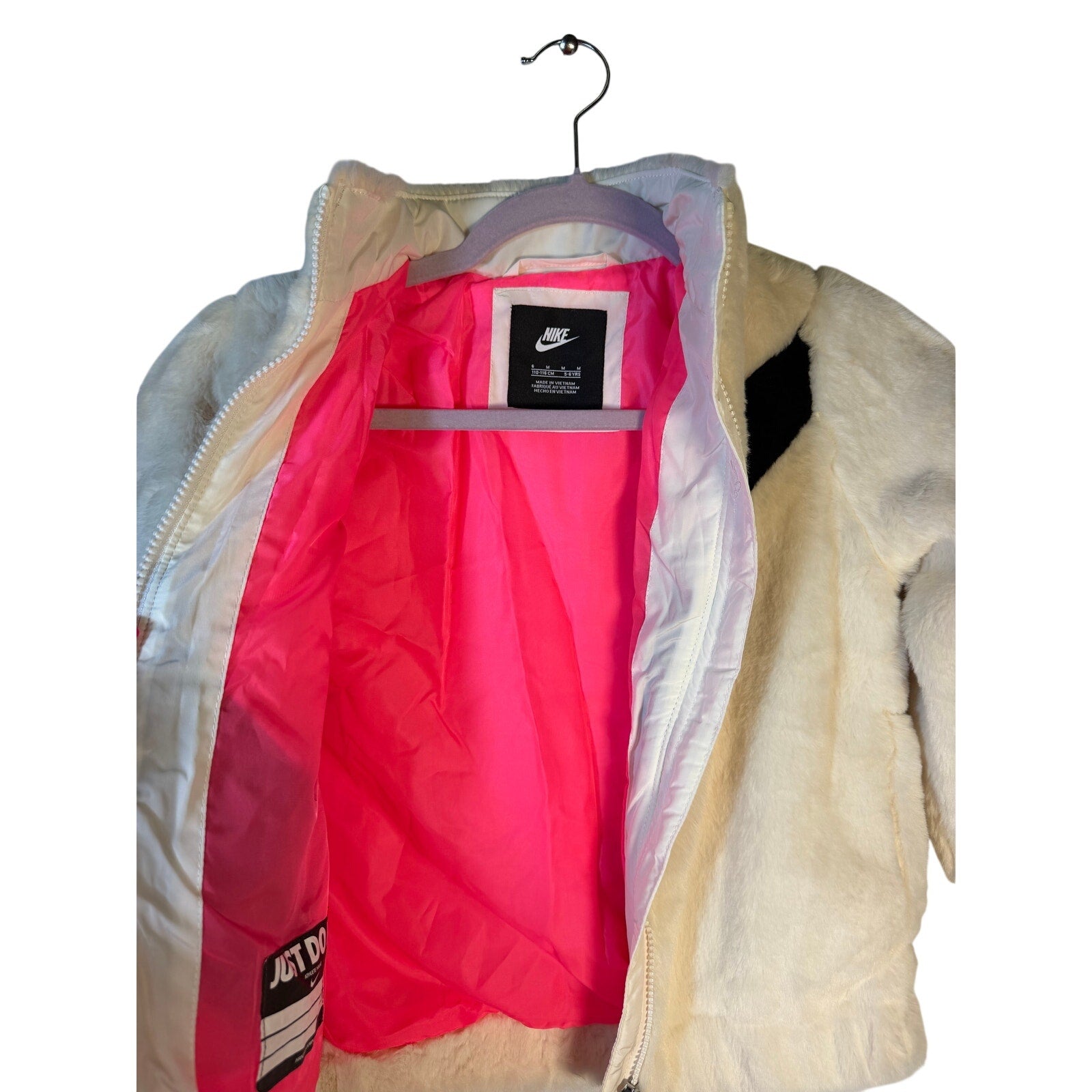Nike girls' faux fur swoosh jacket in sail white, size 6, full zip, stylish and cozy outerwear for young girls.