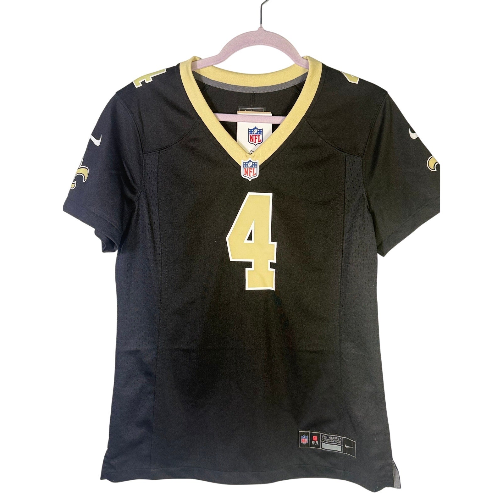 Nike women’s New Orleans Saints Derek Carr #4 game jersey in black, featuring team logo and player number, size M.