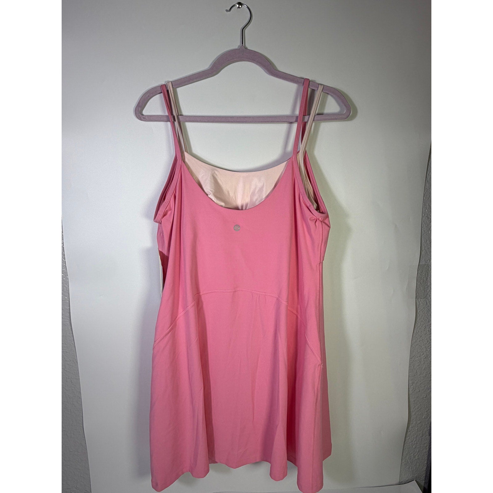 Pink Lululemon Align layered dress with built-in bra, women's size 14, made from Nulu fabric, shown on a model.