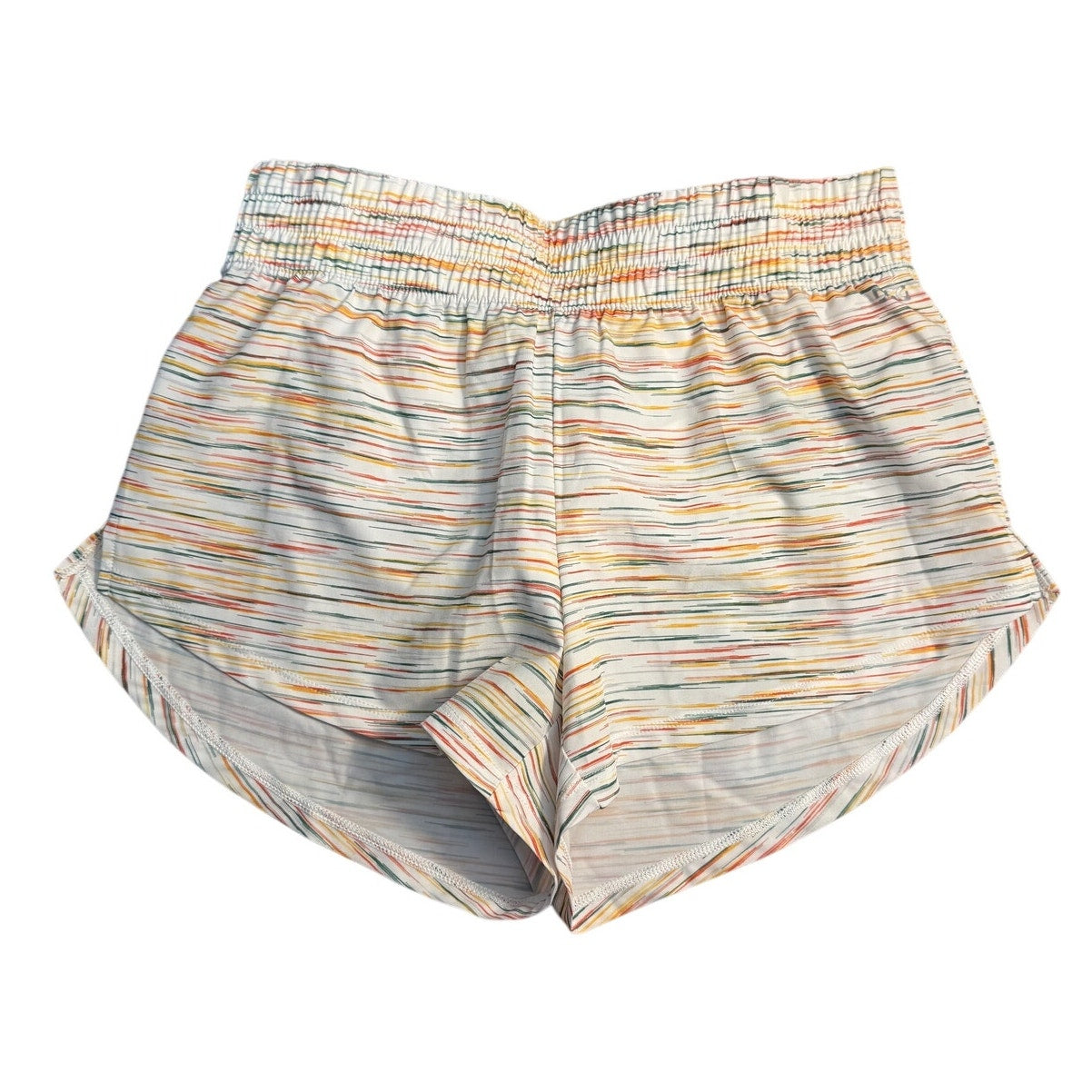 Women's DSG Stride Mid-Rise 3" performance shorts in pure white space dye, showing the lightweight fabric and comfortable fit.