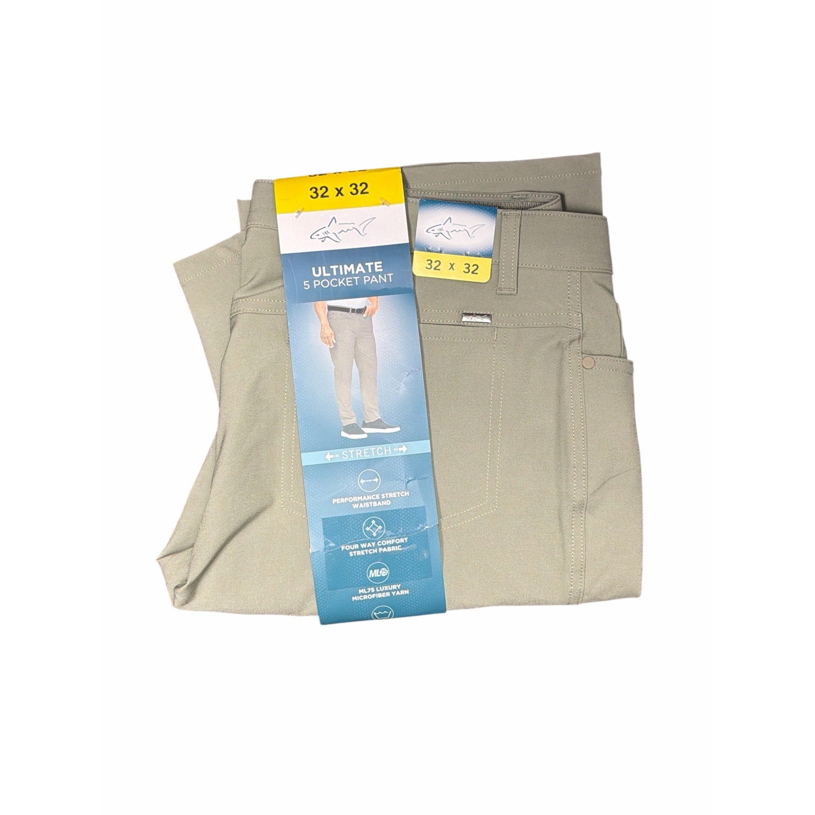 Greg Norman men's khaki stretch pants with five pockets, size 32x32, new with tags, showing front and back views