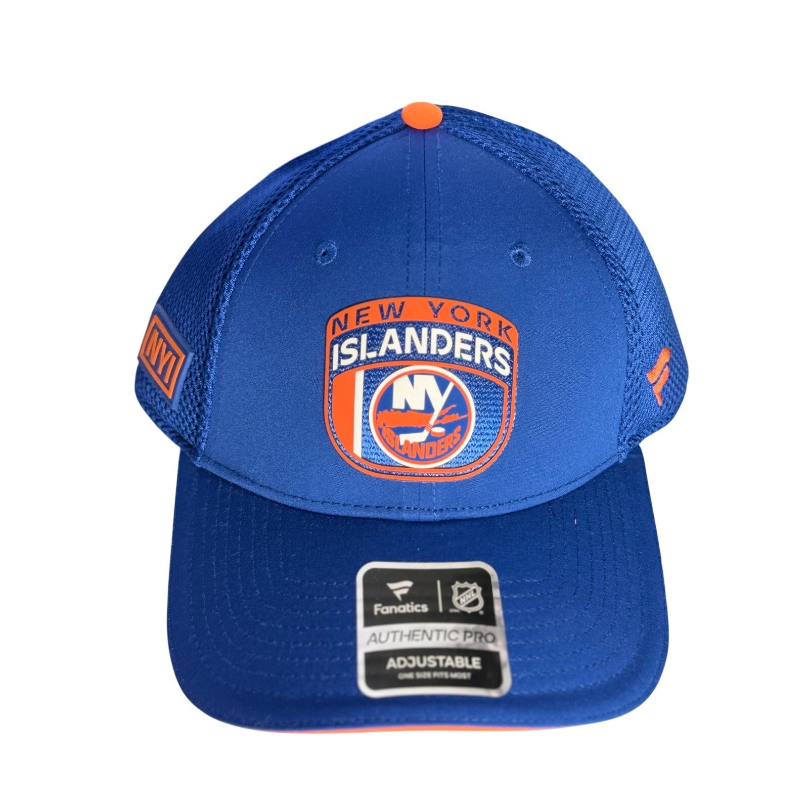 Fanatics New York Islanders blue pro adjustable mesh hat with team logo and structured brim for a classic sports fan look.