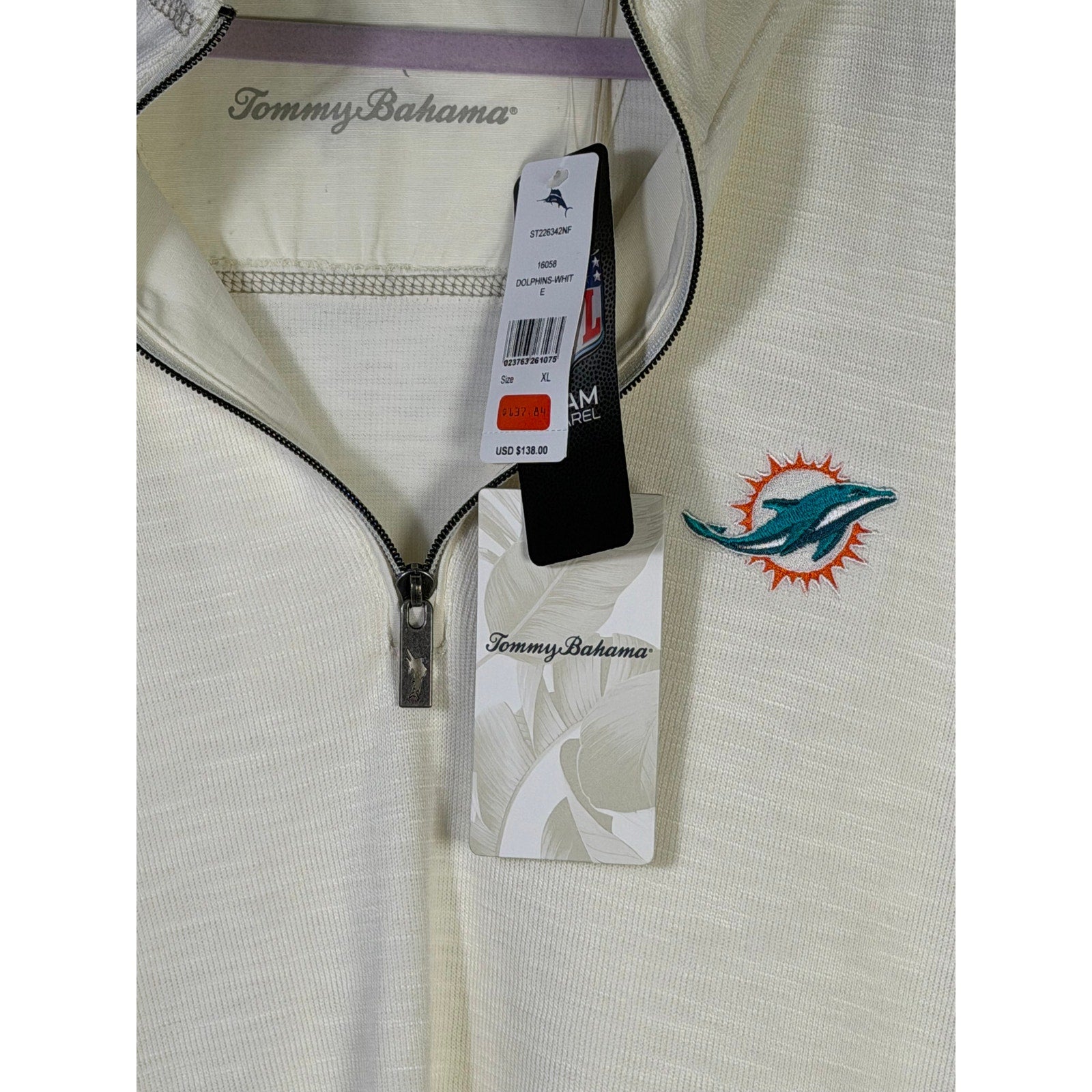 Tommy Bahama Miami Dolphins NFL Tobago Bay half-zip sweatshirt for men in white, size XL, casual athletic style.