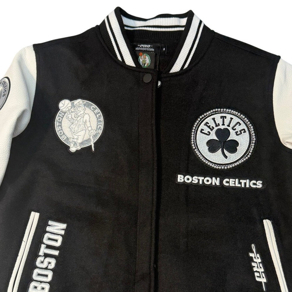 Pro Standard Boston Celtics varsity jacket in size small, featuring green and white team colors with embroidered Celtics logo.