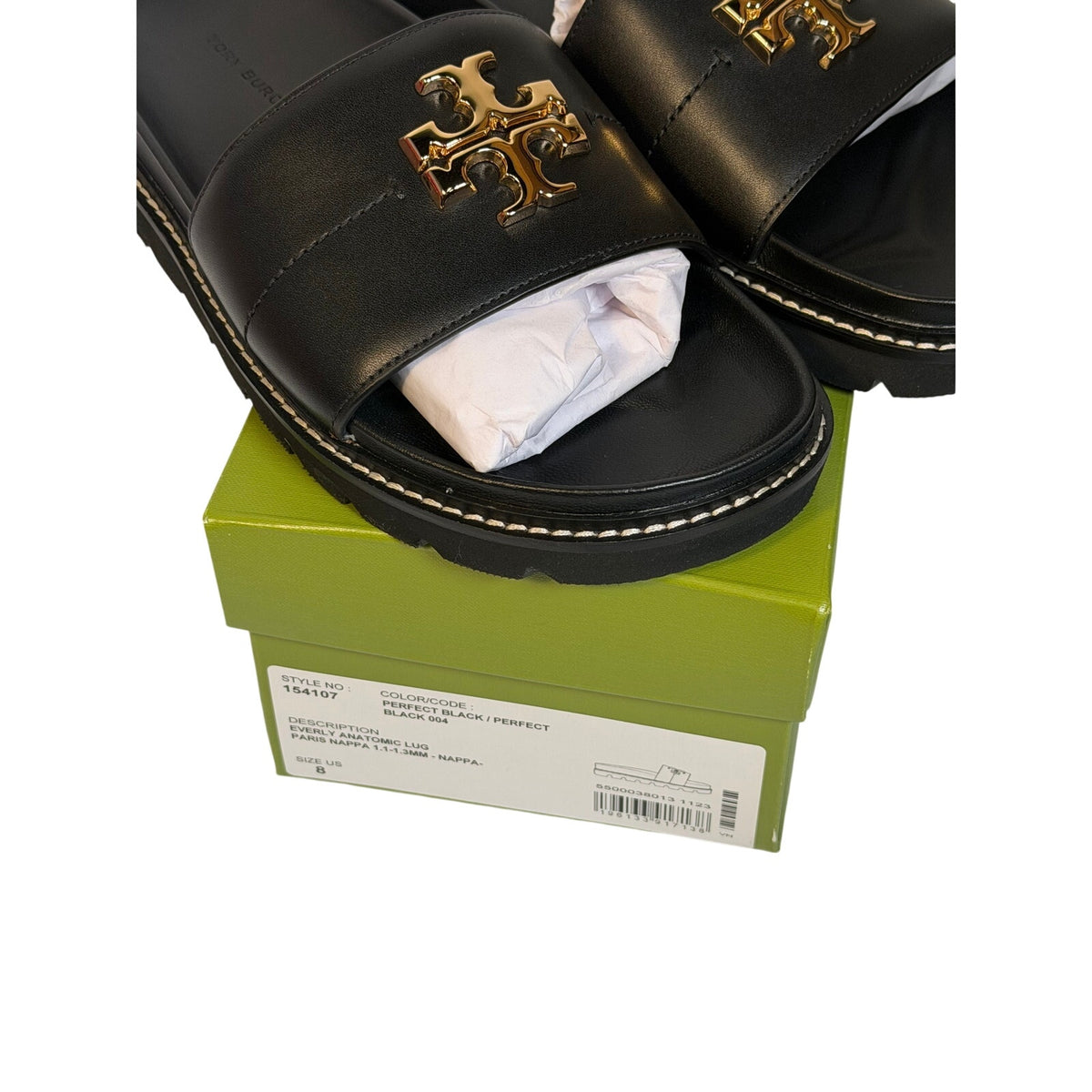 Tory Burch Everly Anatomic Lug Slide Sandals Black Gold Women’s Size 8
