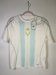 White Adidas Messi training jersey, men's size large, lightweight athletic football shirt with team logo and breathable fabric.