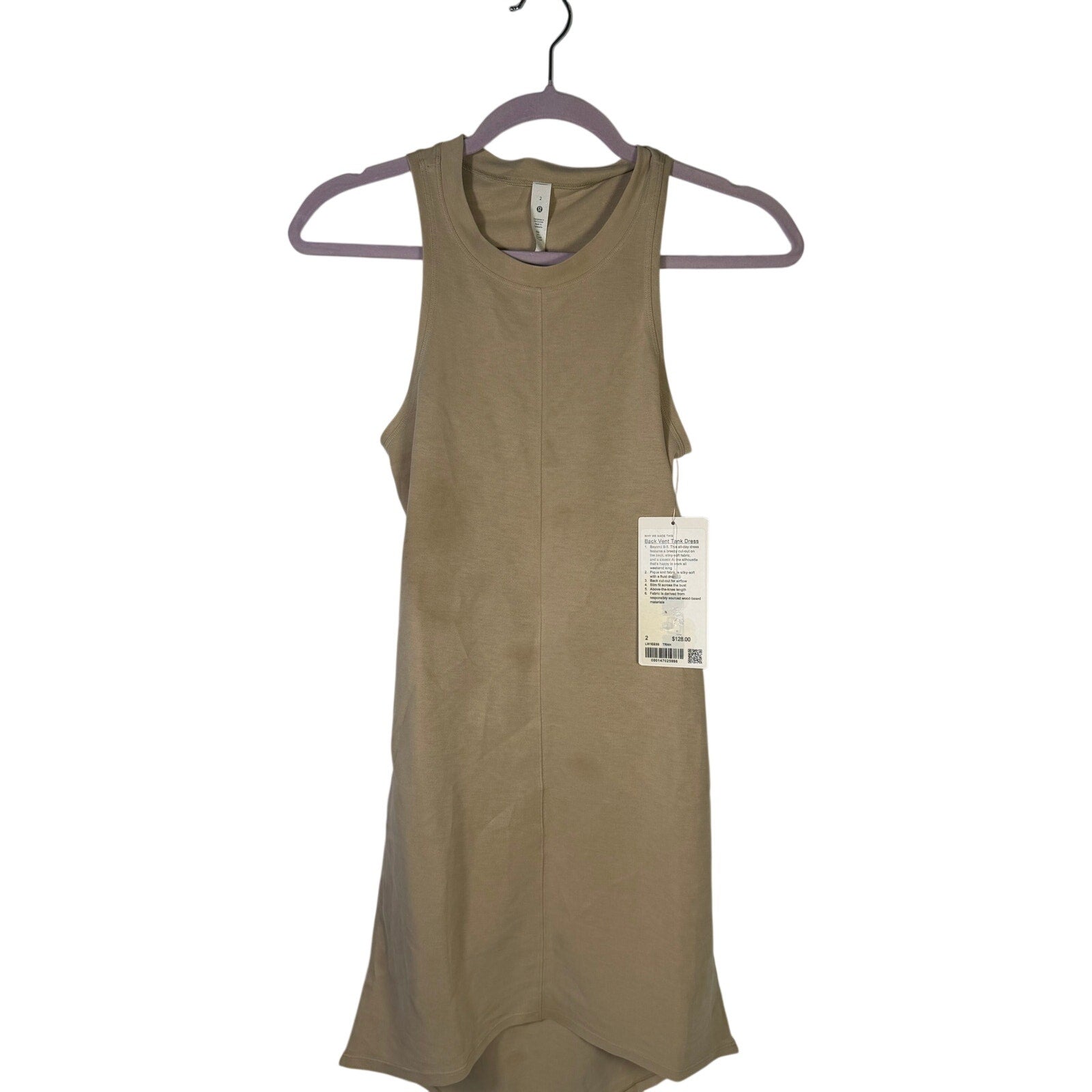 Lululemon women's beige Back Vent Tank Dress size 2 with open back, lightweight and casual for comfortable wear.