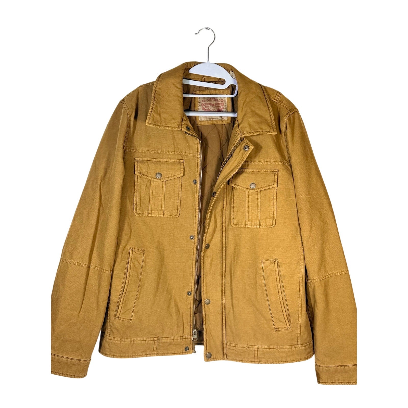 Levi’s Men’s tan canvas quilted utility field jacket in size medium, front view showing classic rugged design.