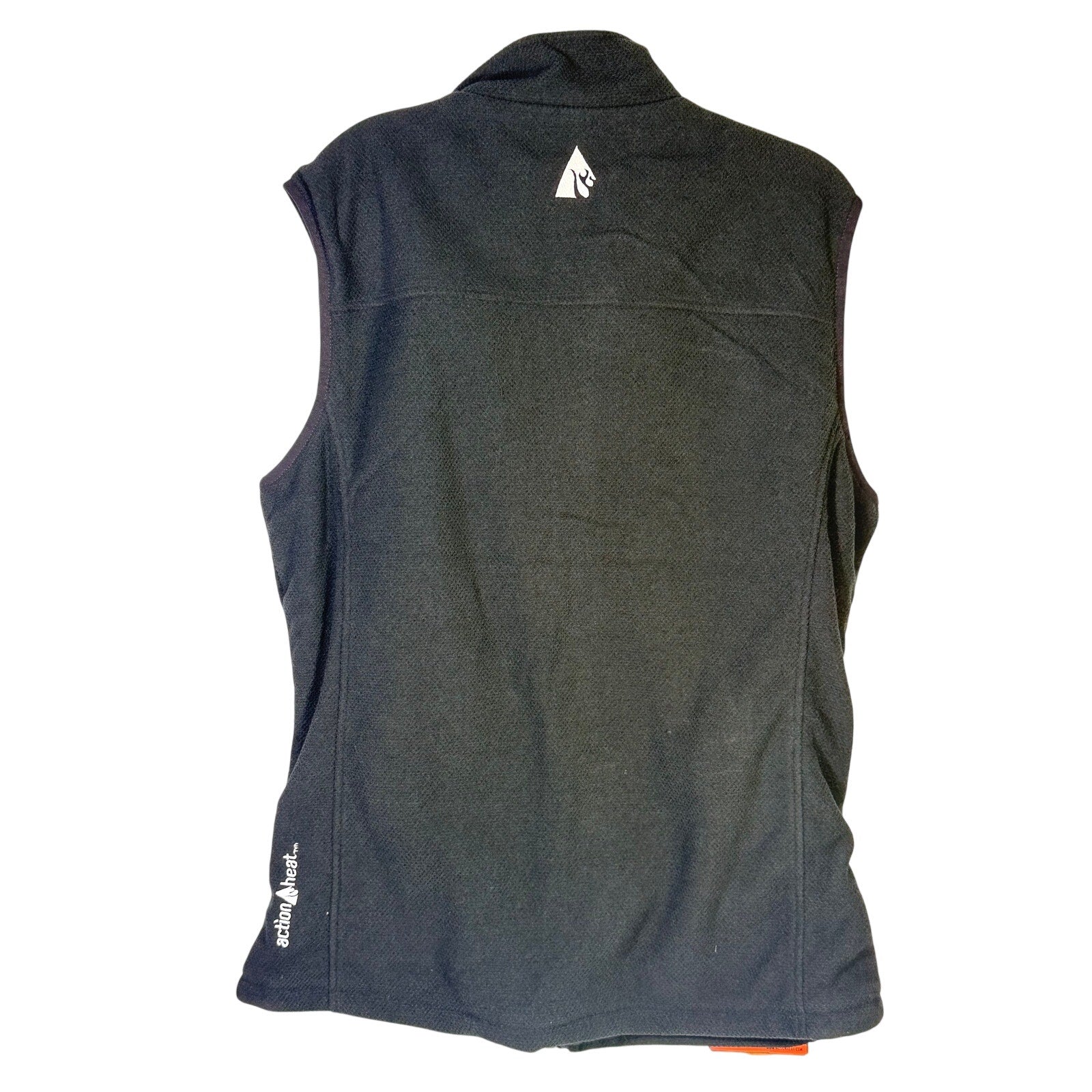 Black ActionHeat men's rechargeable heated fleece vest in size L with 5V power bank, displayed on a hanger.