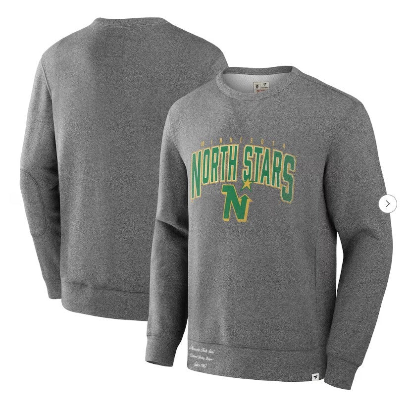 Fanatics Minnesota North Stars gray fleece pullover sweatshirt for men, small size, featuring team logo and cozy fleece material.