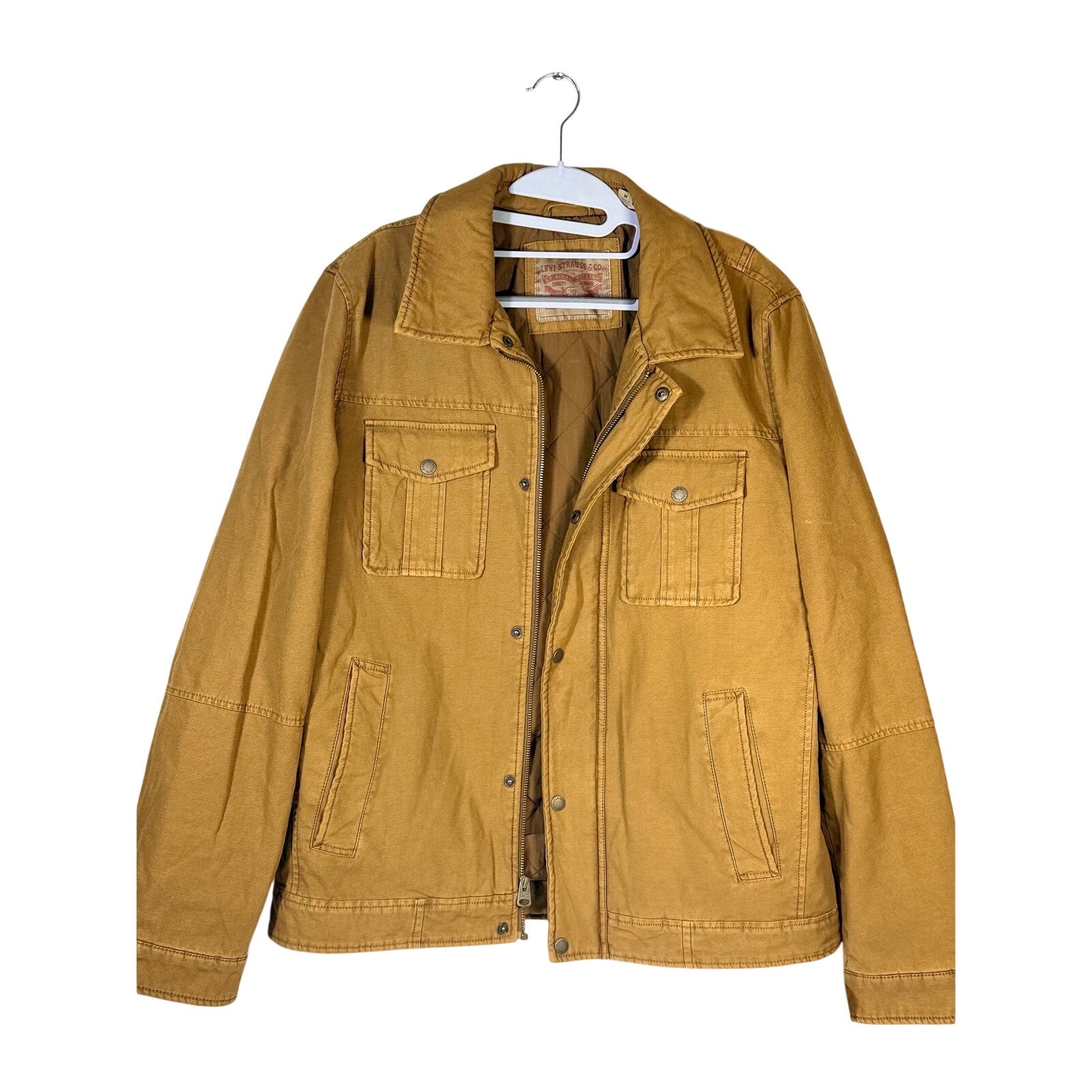Levi’s men's tan canvas quilted utility field jacket, size medium, showing front view with quilted collar and utility pockets.